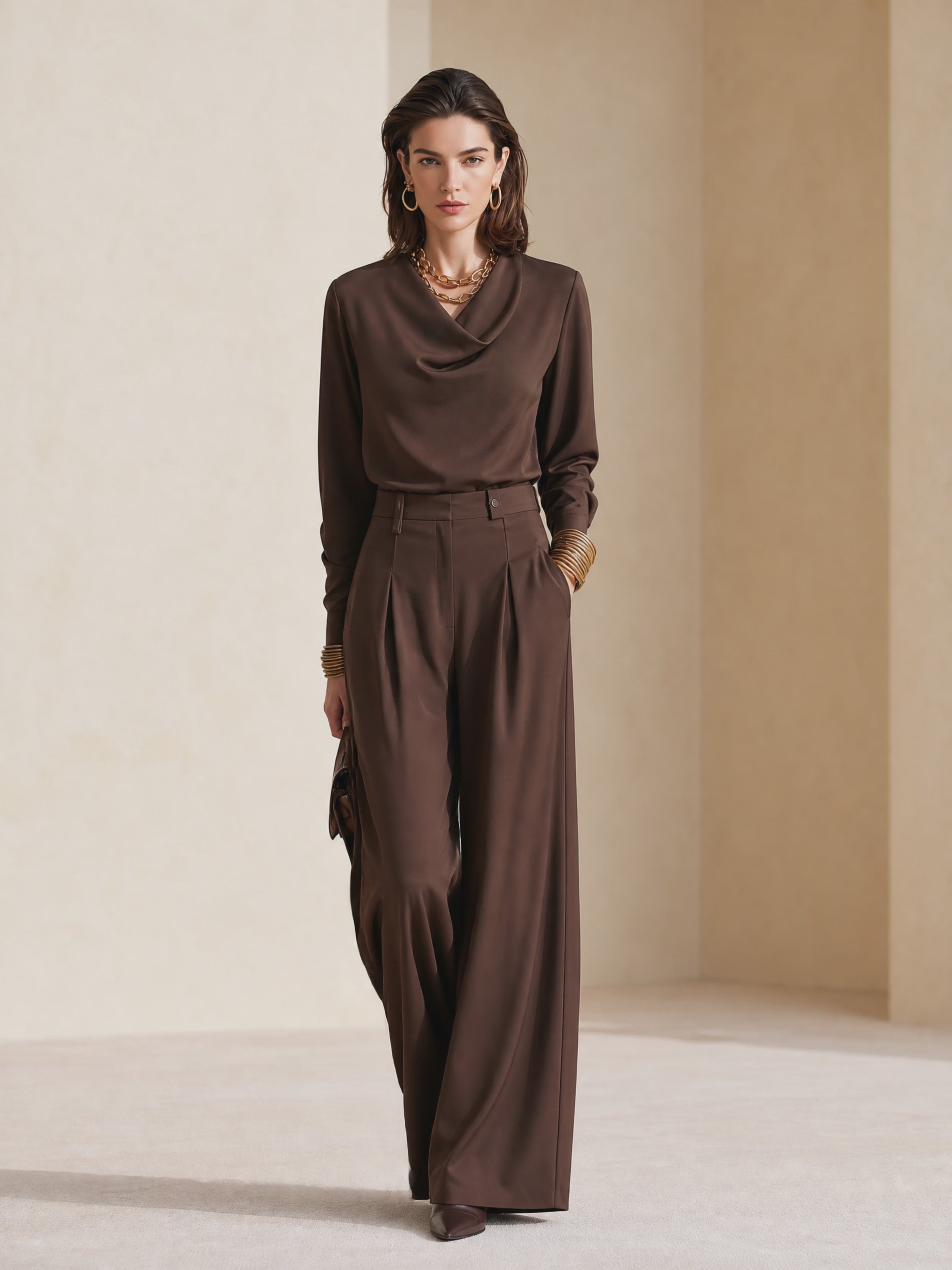 Women's Cowl Neck Wide-Leg Brown Pants Set