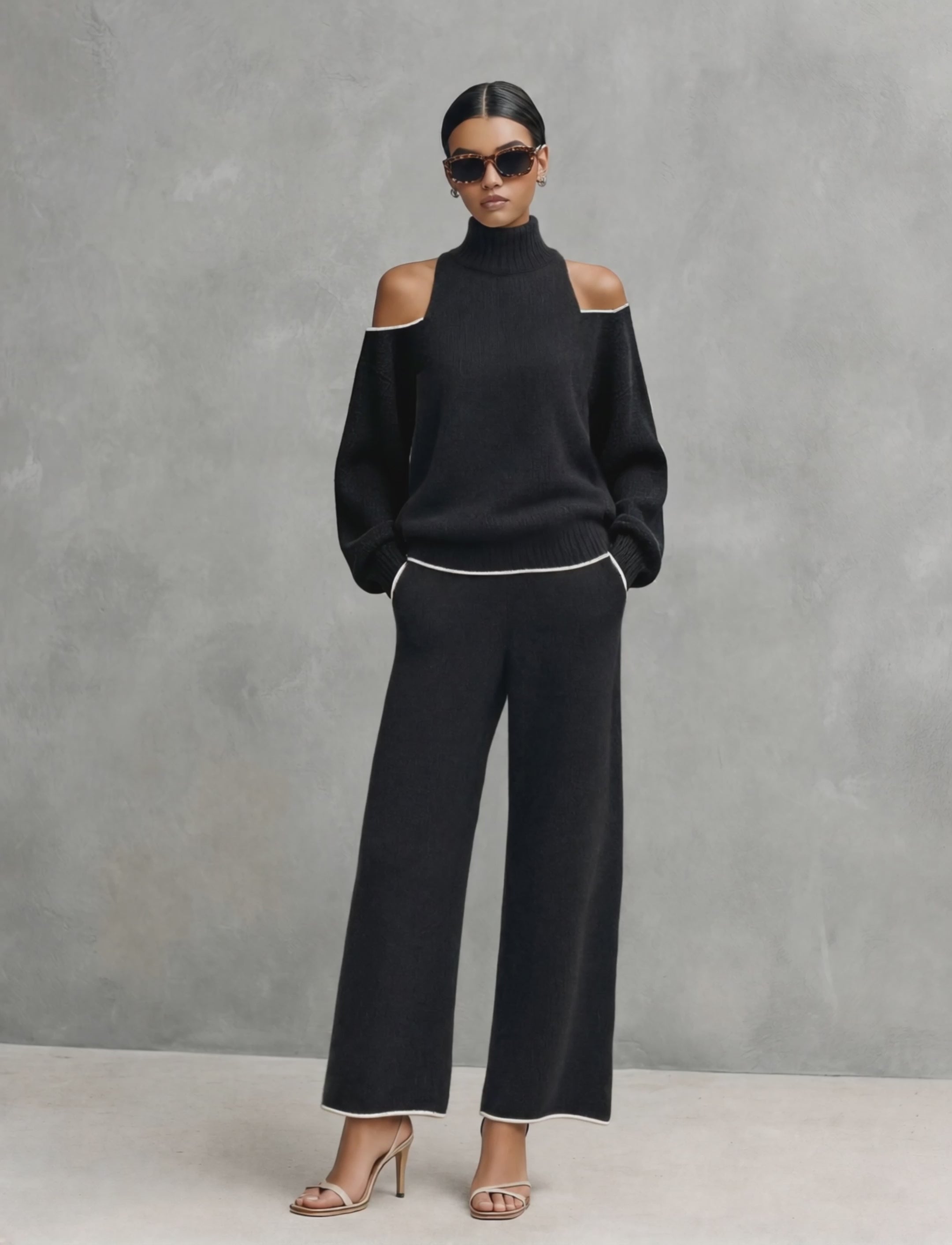 Women's Casual 2-Piece Set Black Long-sleeved Knit Top And Trousers MDZ3065G8LXY