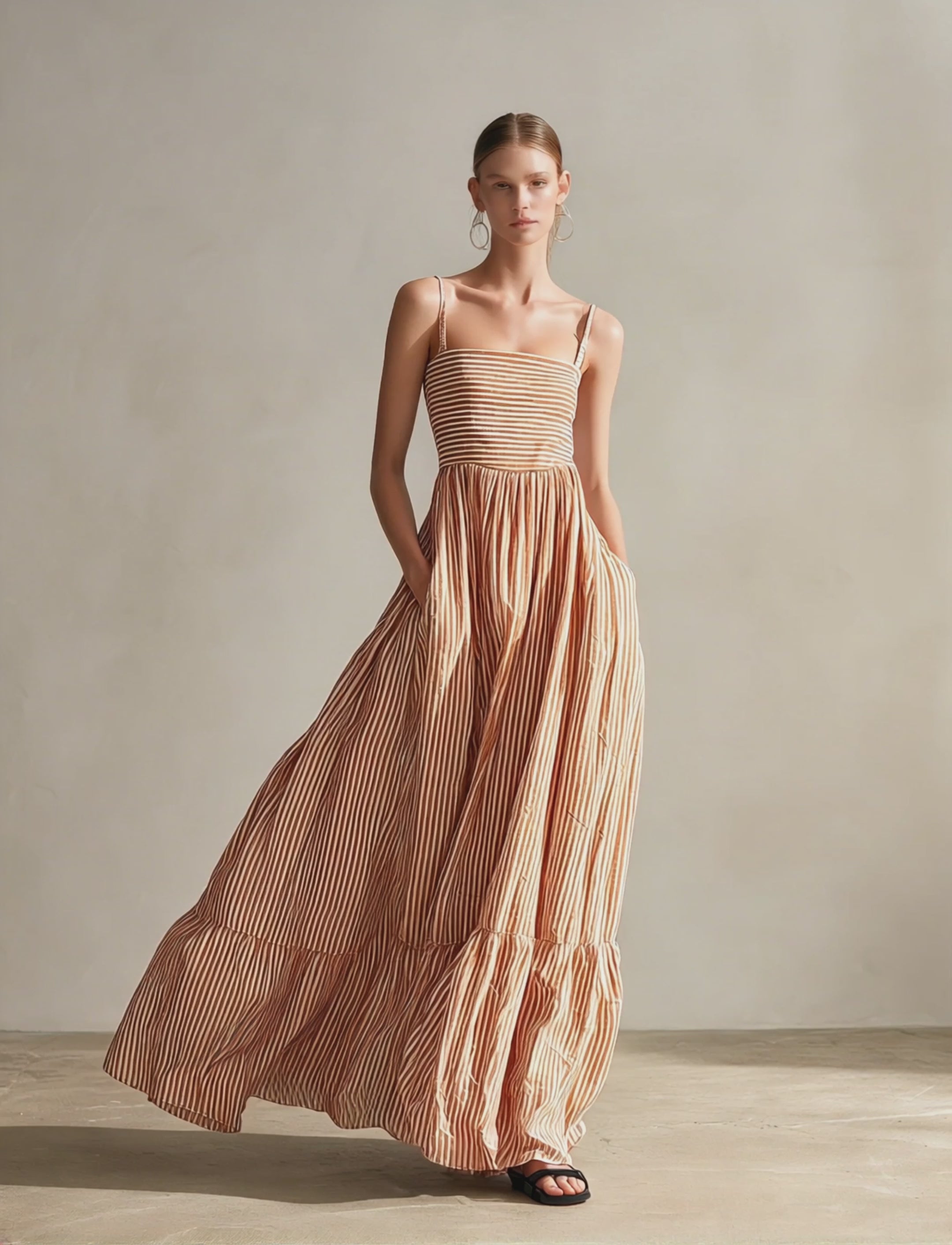 Women's Casual Orange And White Striped Woven Sleeveless Maxi Dress With Spaghetti Straps MDZ1339E4LXY