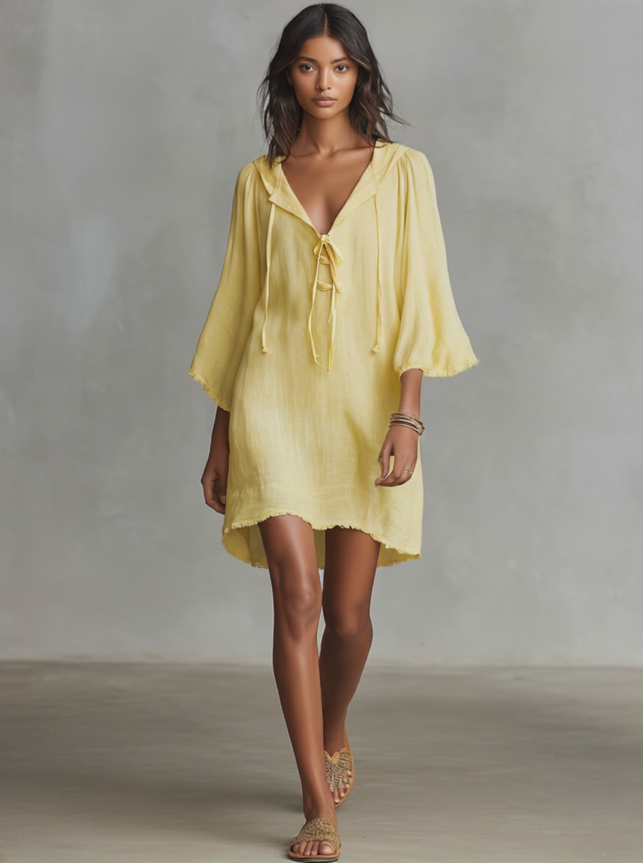 Women's Pale Yellow Flowy Linen Hooded Dress With Three Quarter Fringe Sleeves & Relaxed Fit, Contemporary Versatile Summer Dress MDZ1535F7LYL