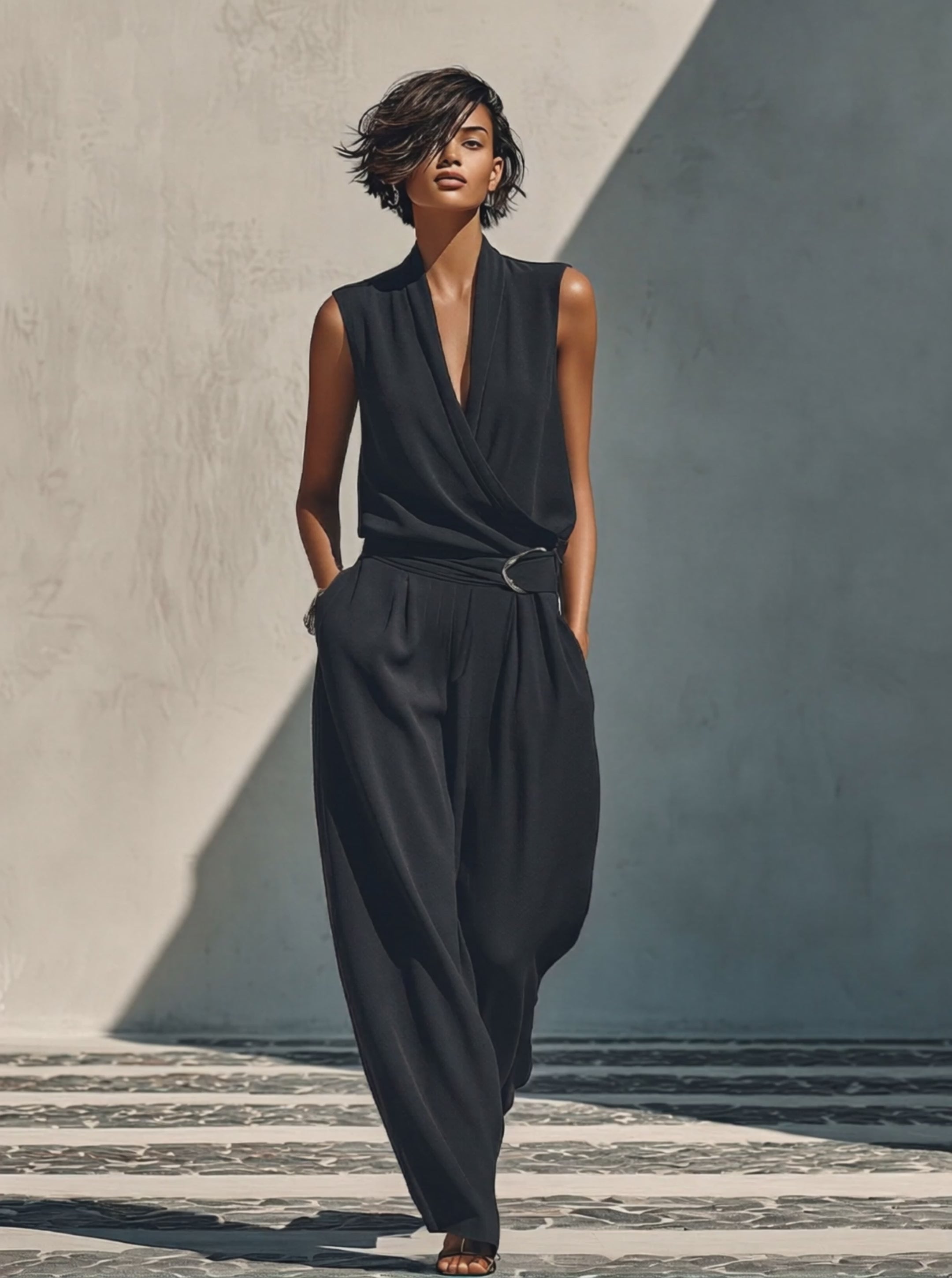 Women's Black Two-Piece Set With Surplice Neck & Wide Leg, Classic Elegant Formal Outfit MDZ2535E8LYL