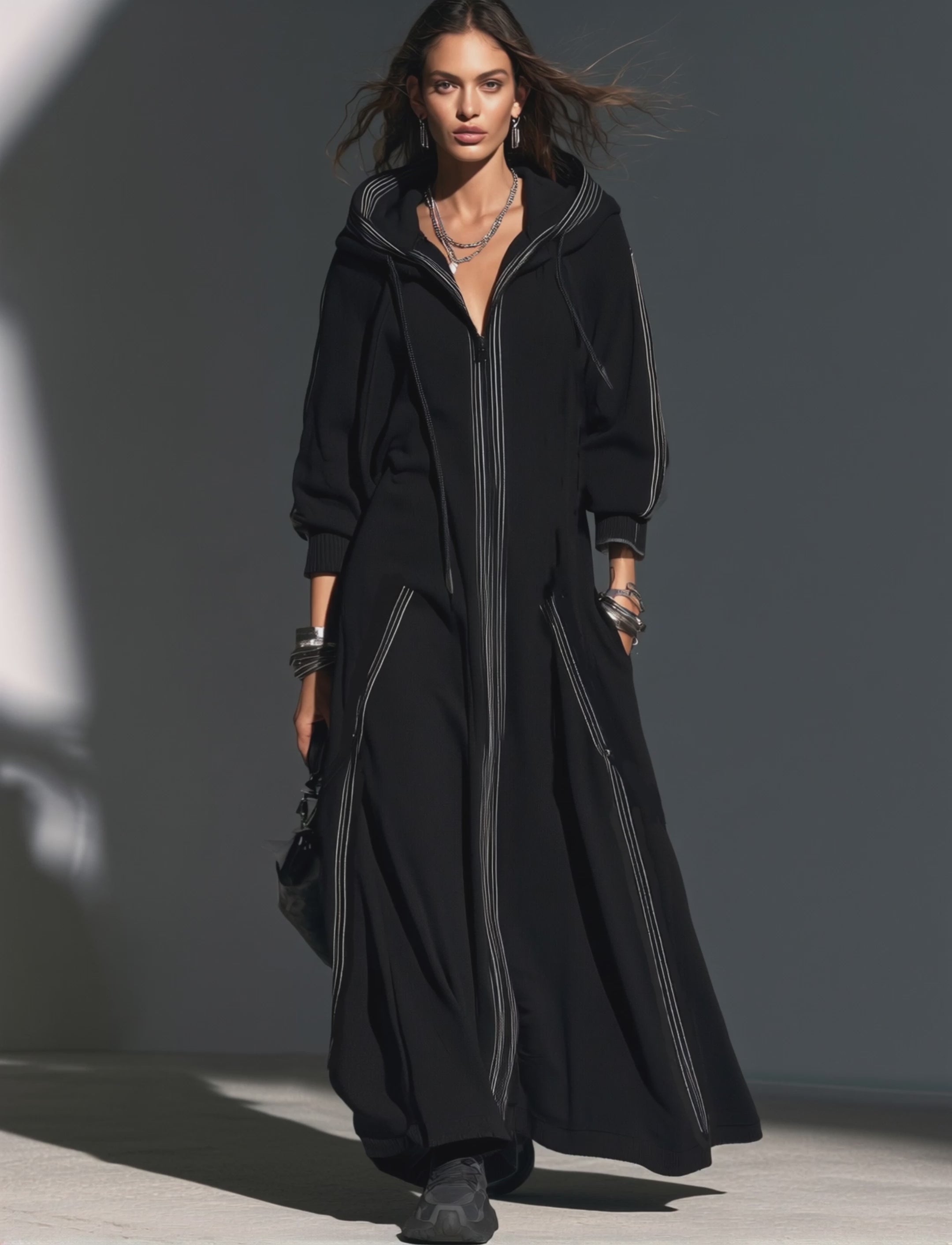 Women's Casual Black Long-Sleeve Hooded Long Coat In Sweatshirt Fabric