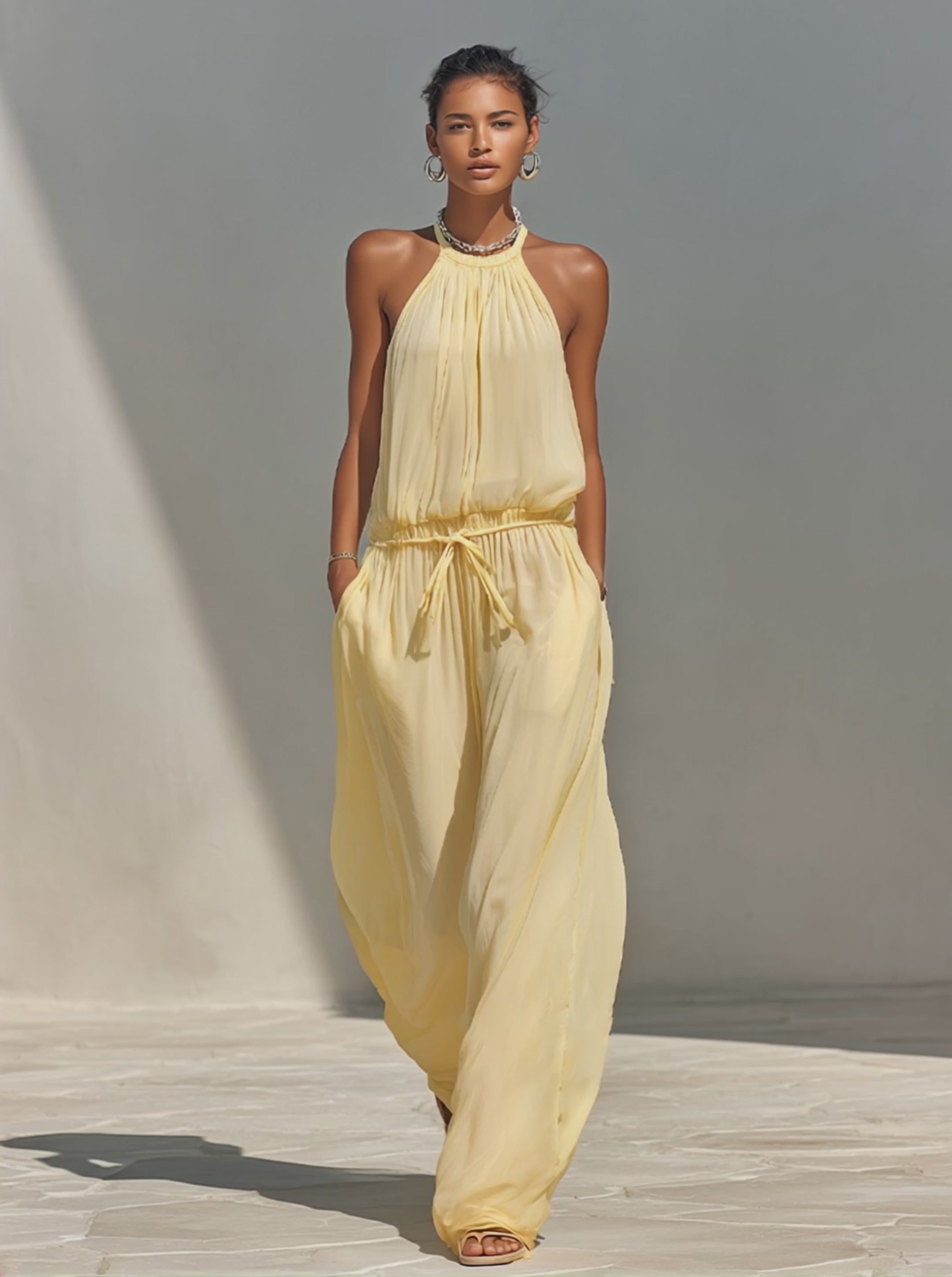 Women's Pale Yellow Chiffon Jumpsuit With Halter Neck & Drawstring Waist, Minimalist Casual Beach Jumpsuit MDZ0554F2LYL
