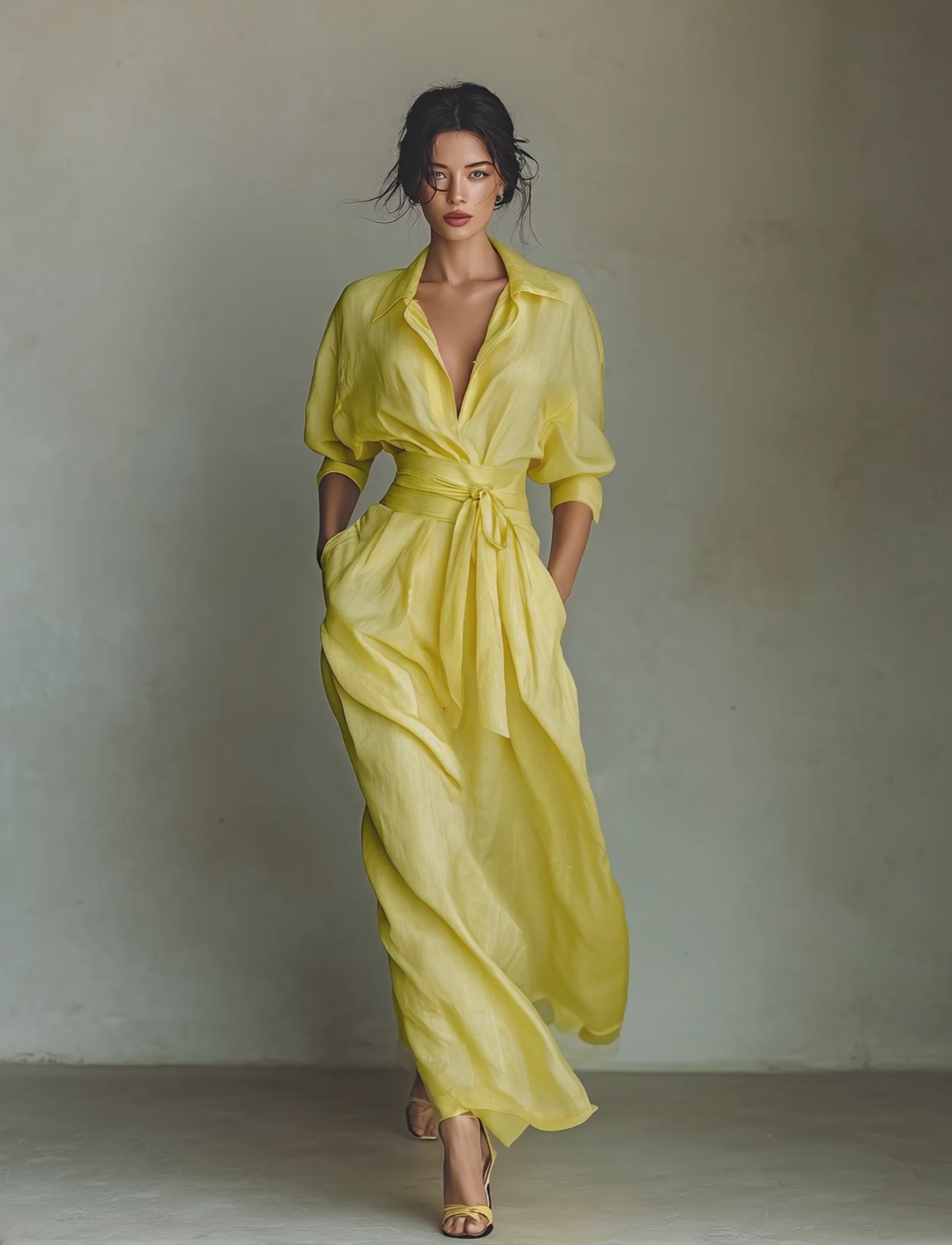 Women's Lemon Yellow Cotton And Linen Blend Maxi Shirt Dress With Tie – Modesees