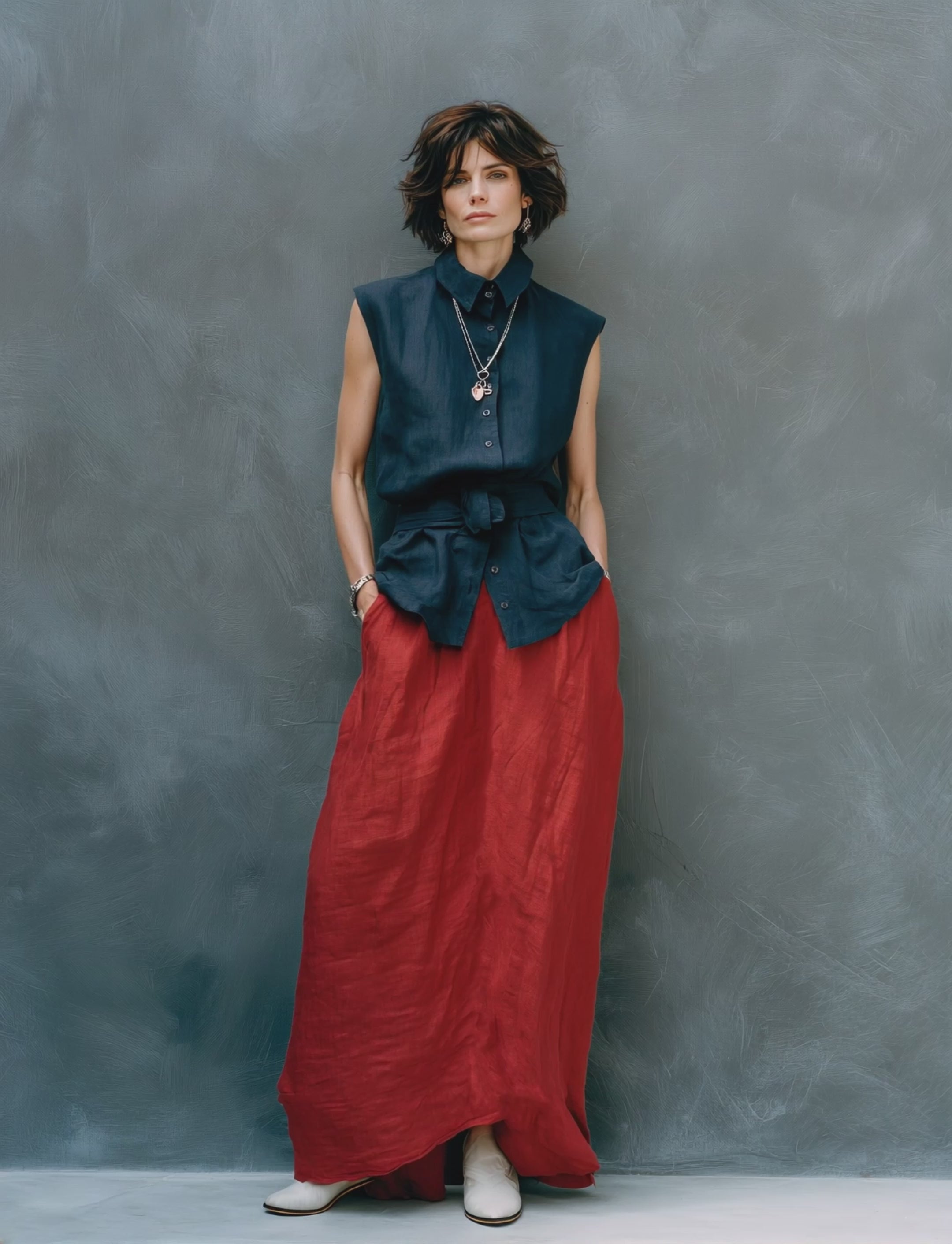 Women's Minimalist Linen-Blend Sleeveless Single-Breasted Belted Shirt And Red Skirt Set MDZ1852F6WY
