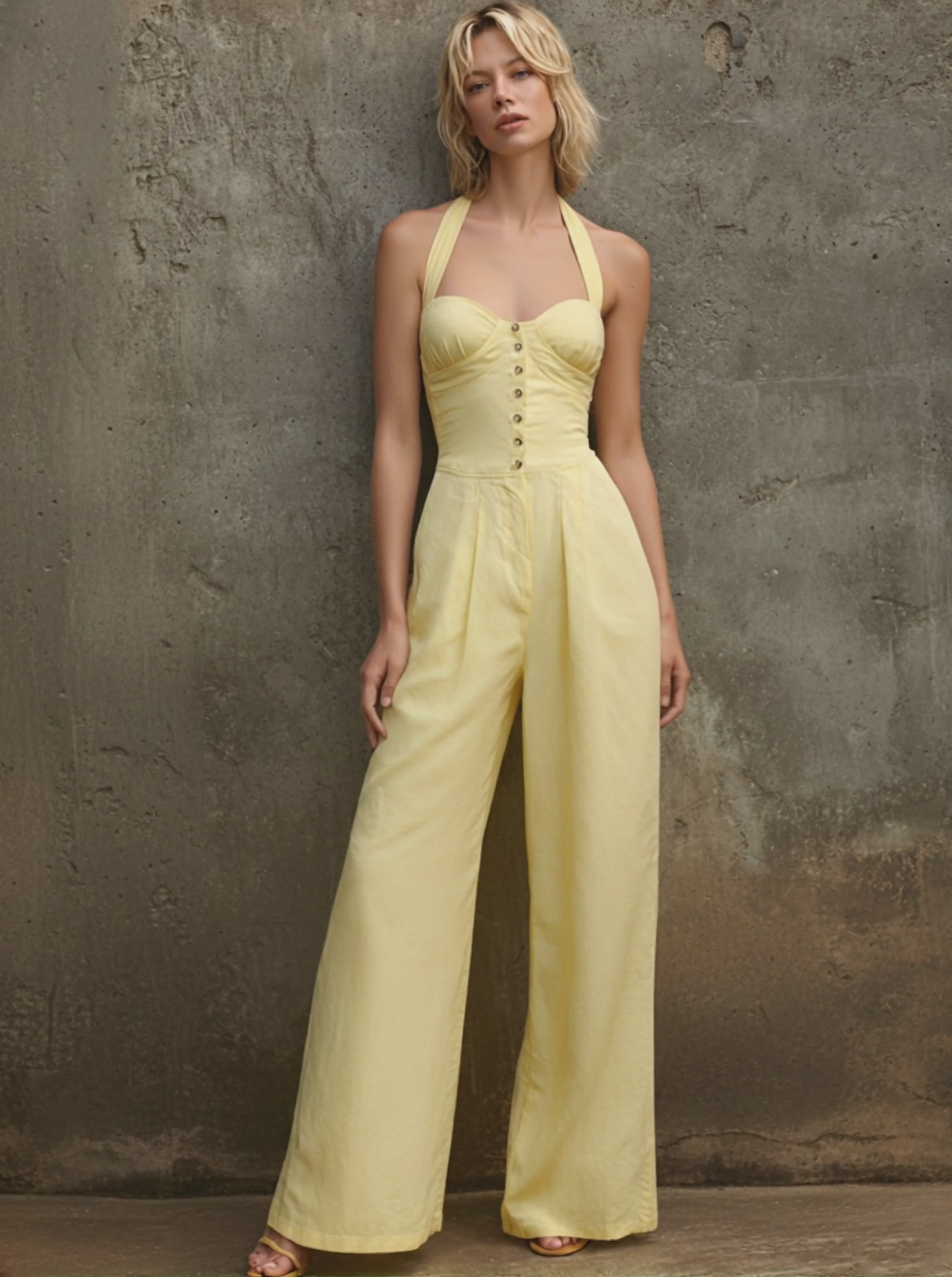 Women's French Casual Style Light Yellow Cotton Blend Halter Sweetheart Button Front Pleated Wide Leg Full Length Jumpsuit  MDZ0404F5GMJ