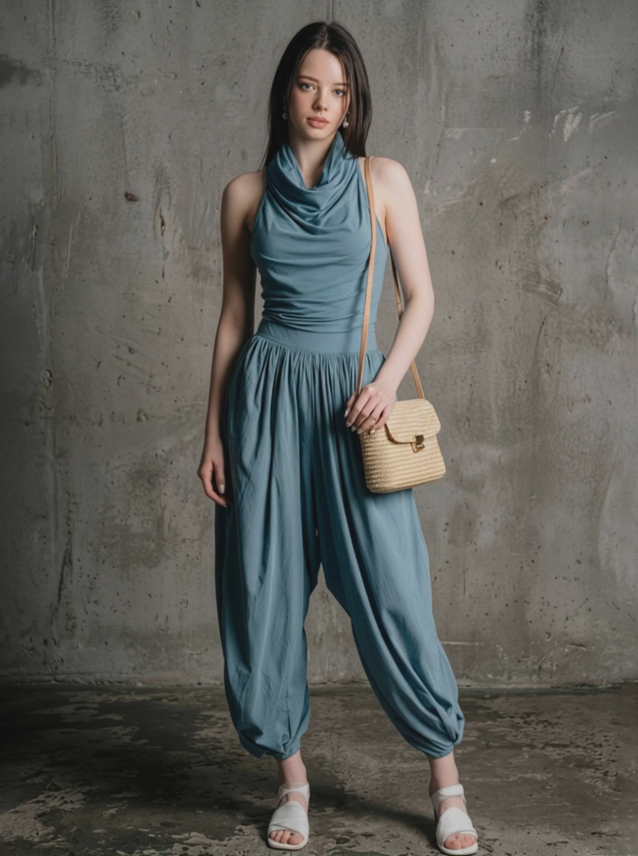 Women's Loungewear Slate Blue Knit-to-Woven Cotton Blend Cowl Neck Halter Waist-Tailored Harem Maxi Jumpsuit MDZ2902E8GMJ