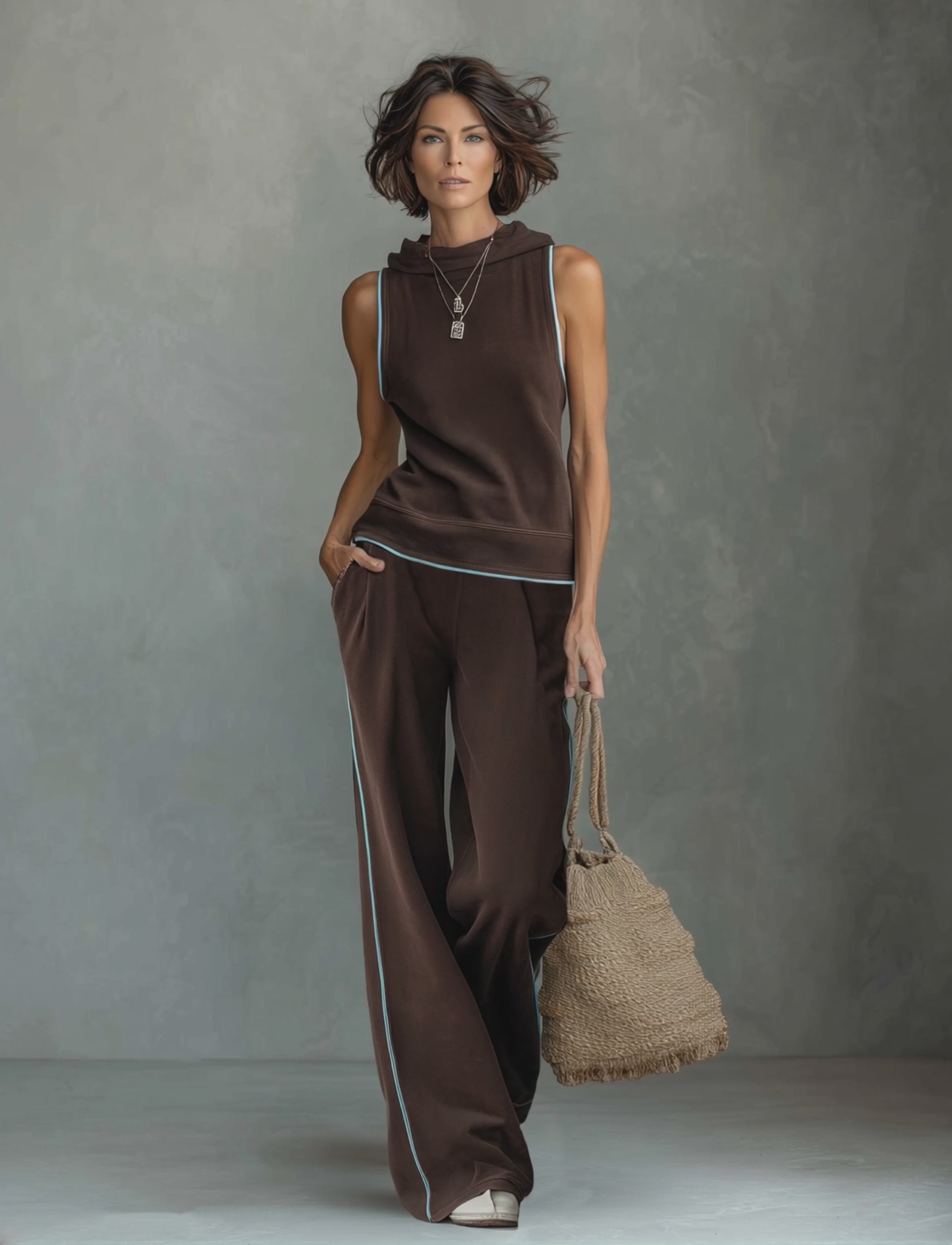 Women's Casual Sleeveless Hooded Sweatshirt And Flared Pants Set MDZ1811F8WY