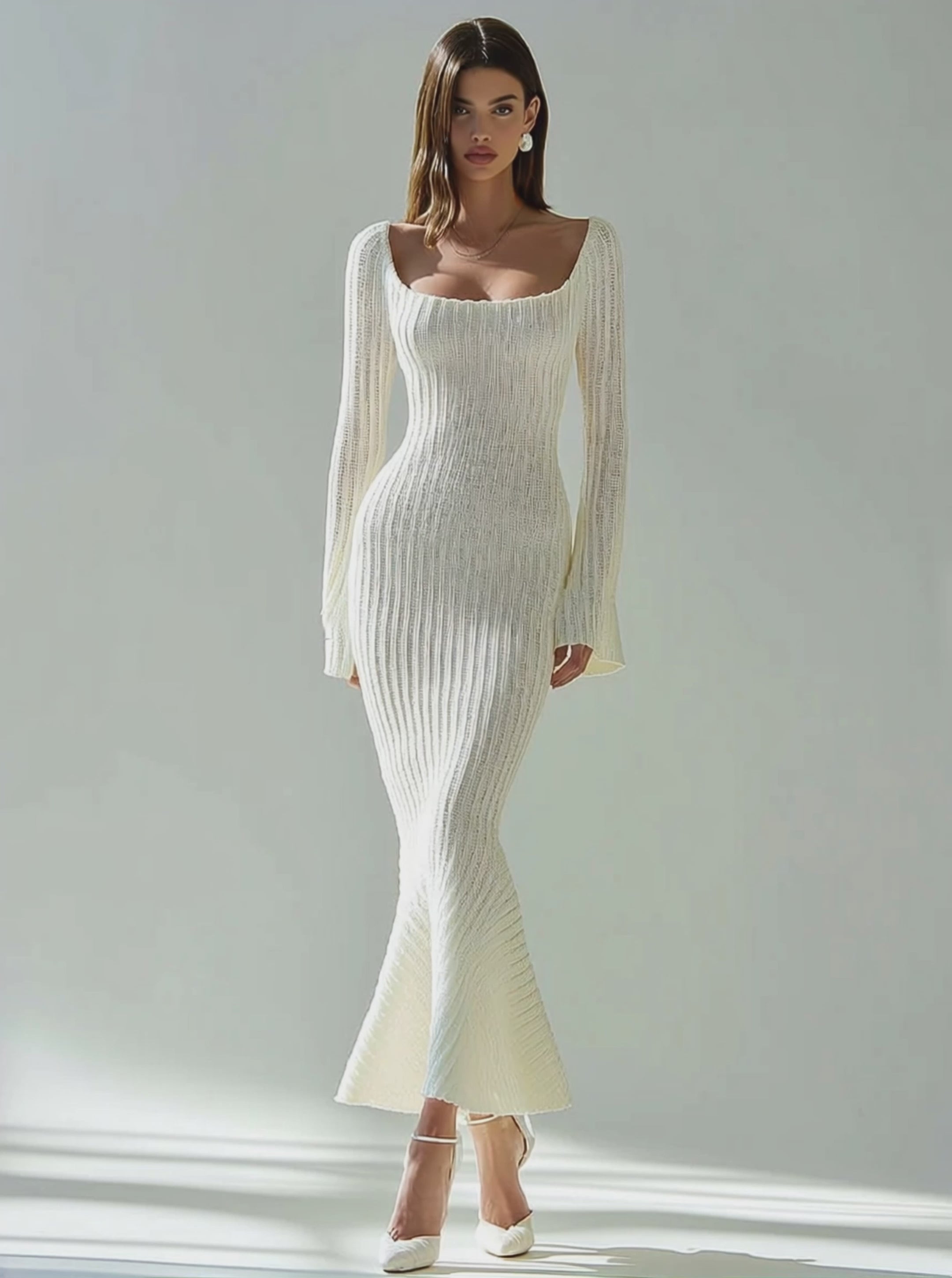 Women's White Elegant Rib - Knit Square - Neck Mermaid Maxi Dress MDA0882H7I