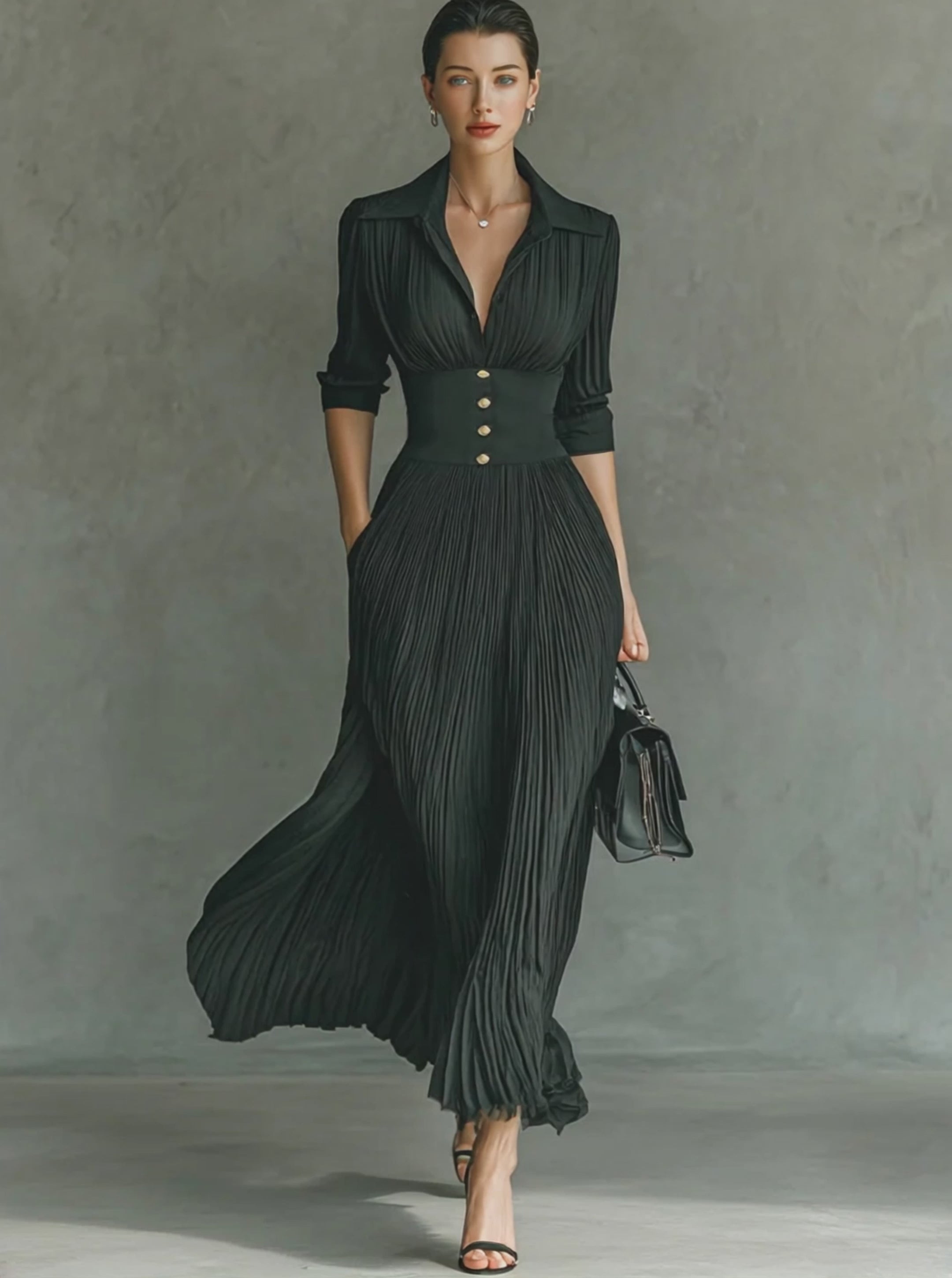 Women's Solid Color Pleated Lapel Waist Long Sleeve Maxi Dress MDA0826G1Y