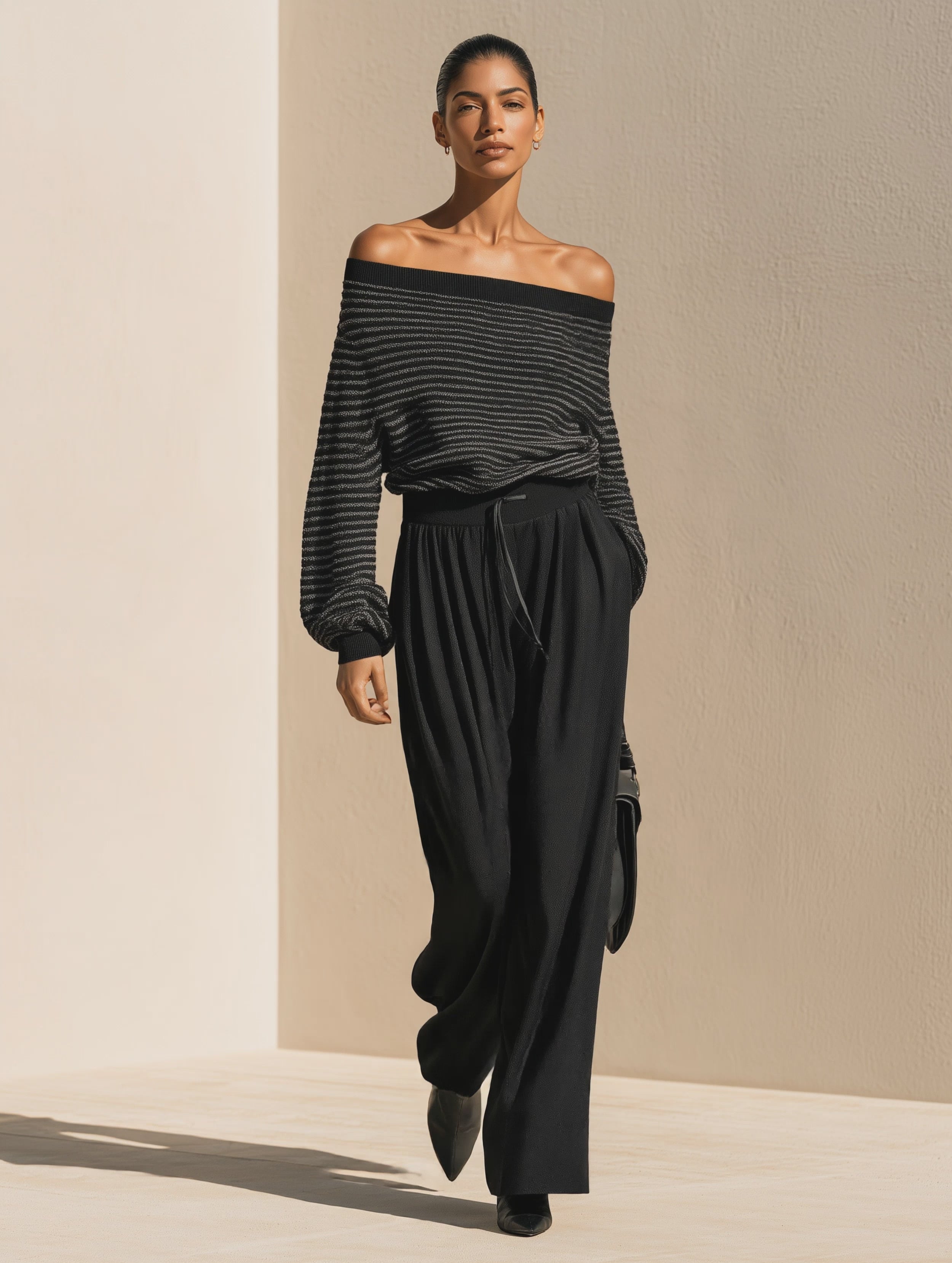 Women's Black Striped Off-the-Shoulder Sweater And Wide-leg Trousers Set