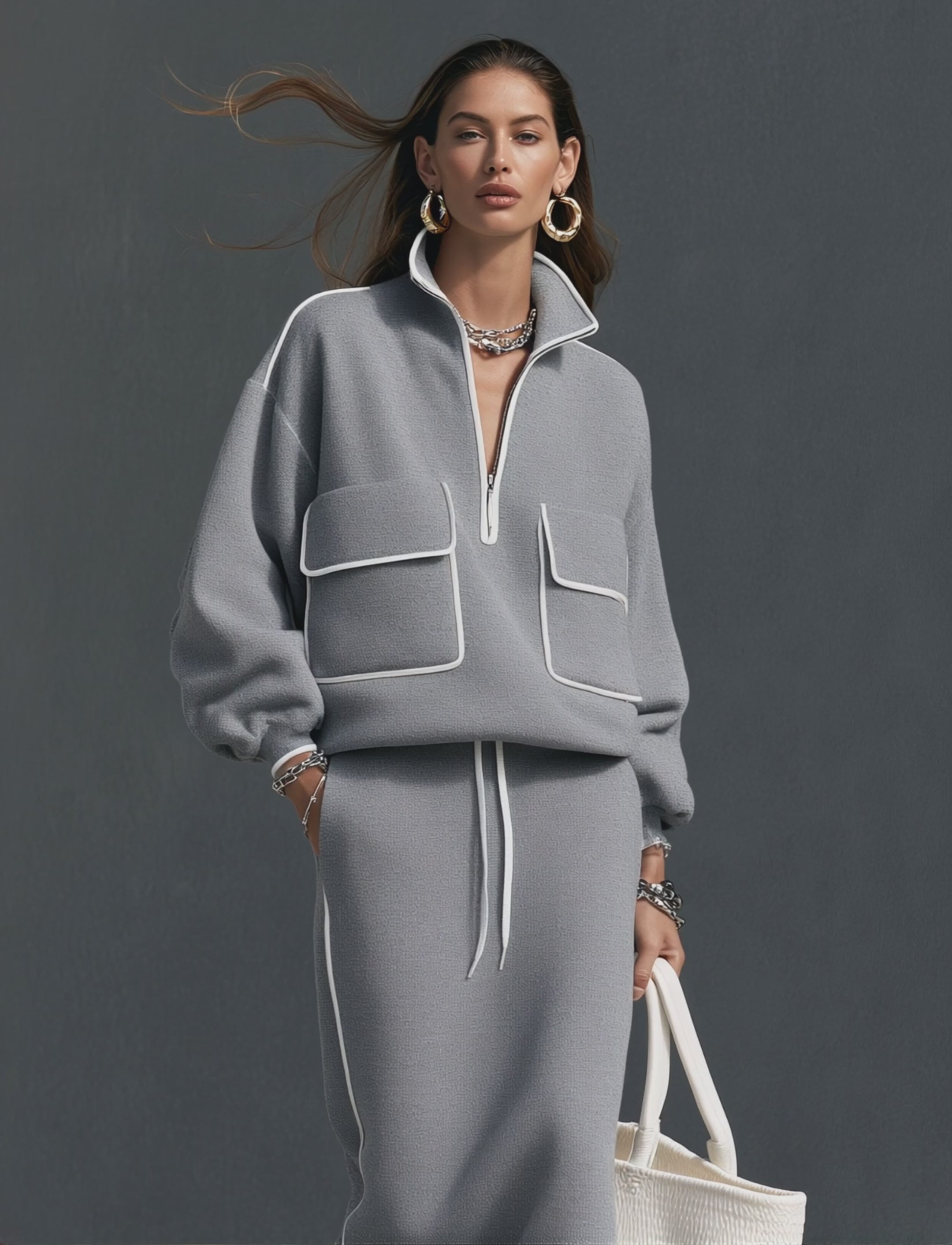 Women's Casual Grey Scuba-Knit Long-Sleeve Top And Skirt Two-Piece Set