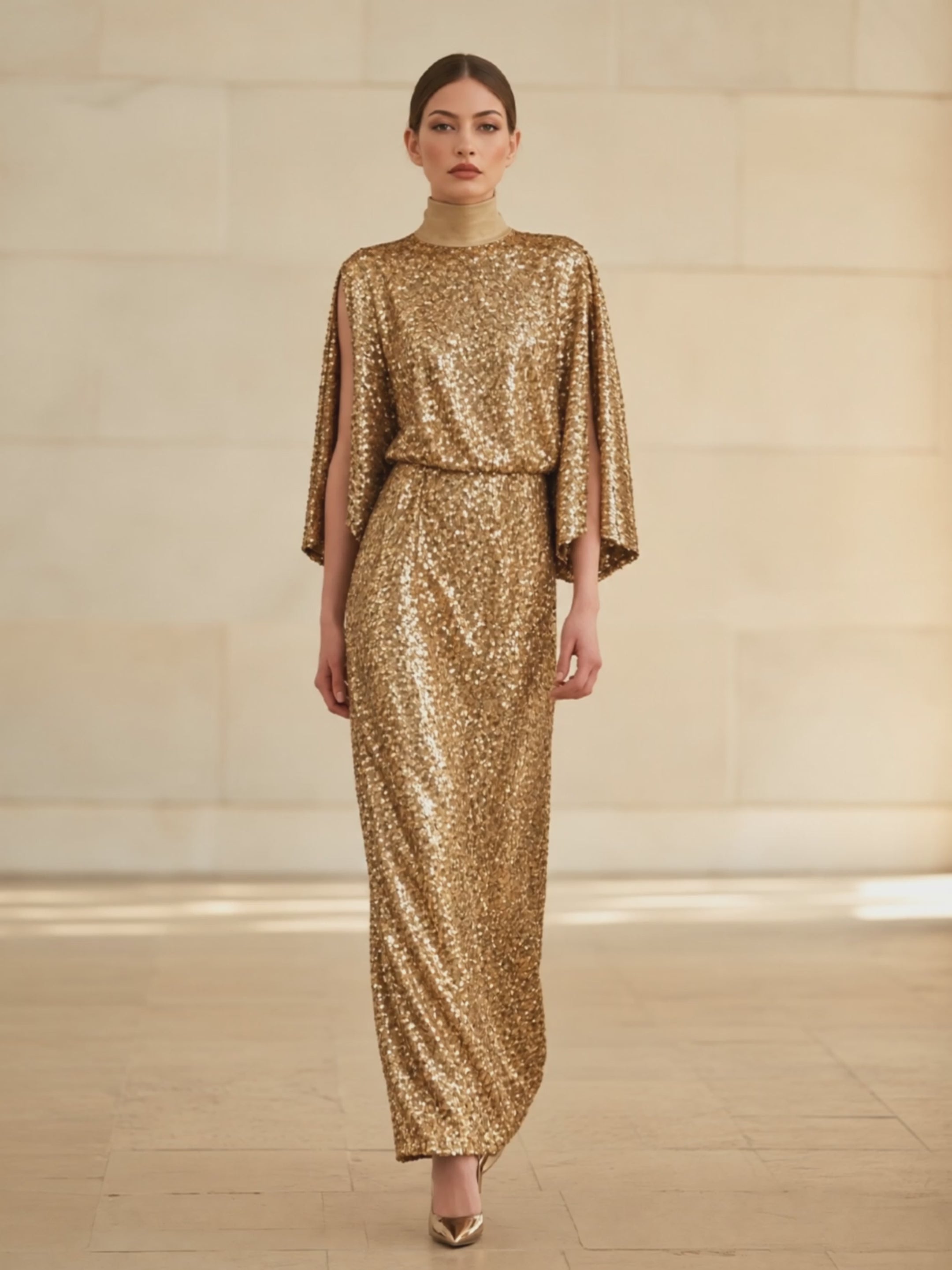 Women's Sequin Cape Sleeve Maxi Dress Gold Evening Gown