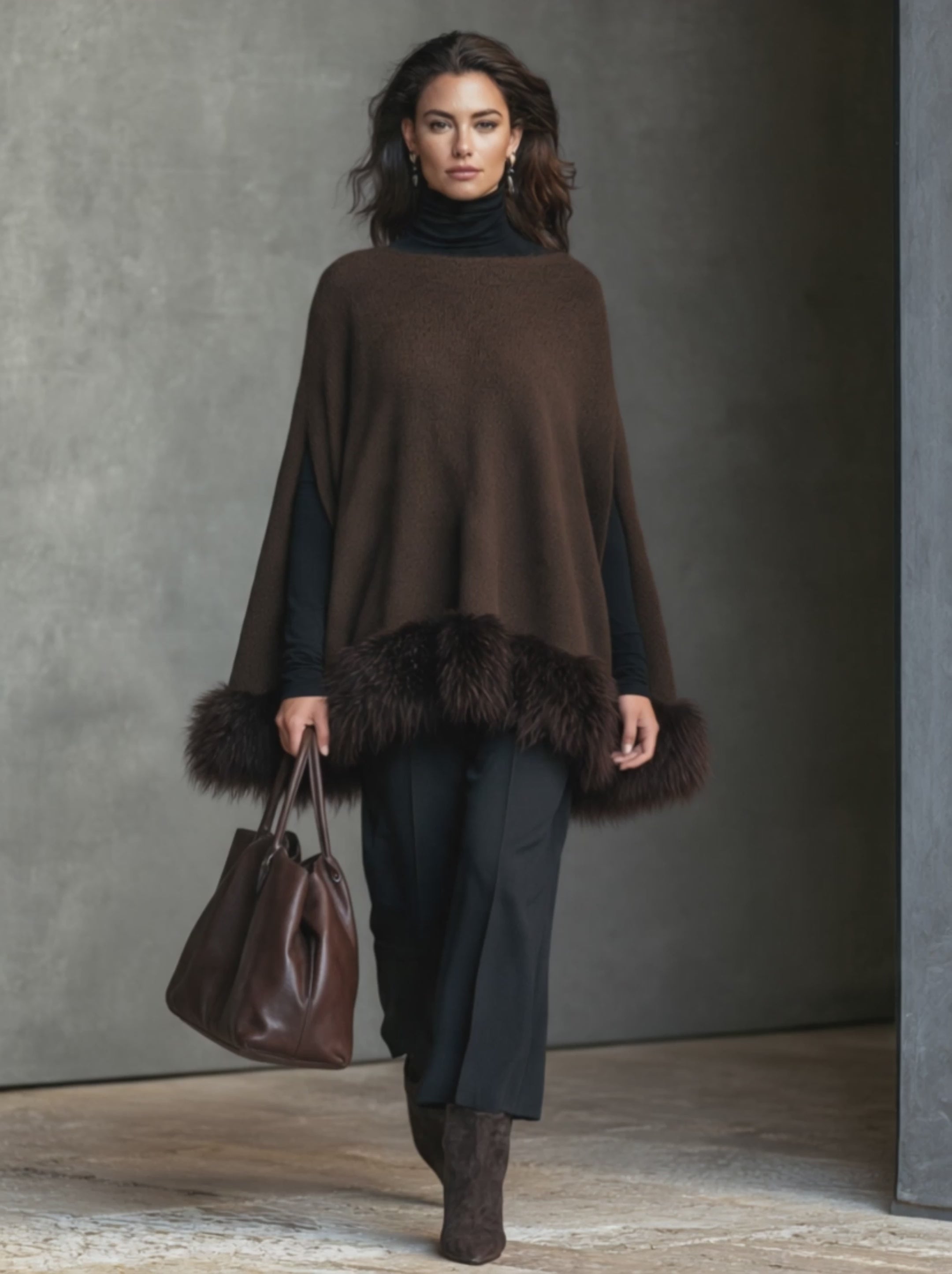 Women’s Elegant Brown Knitted Sleeveless Cape Top