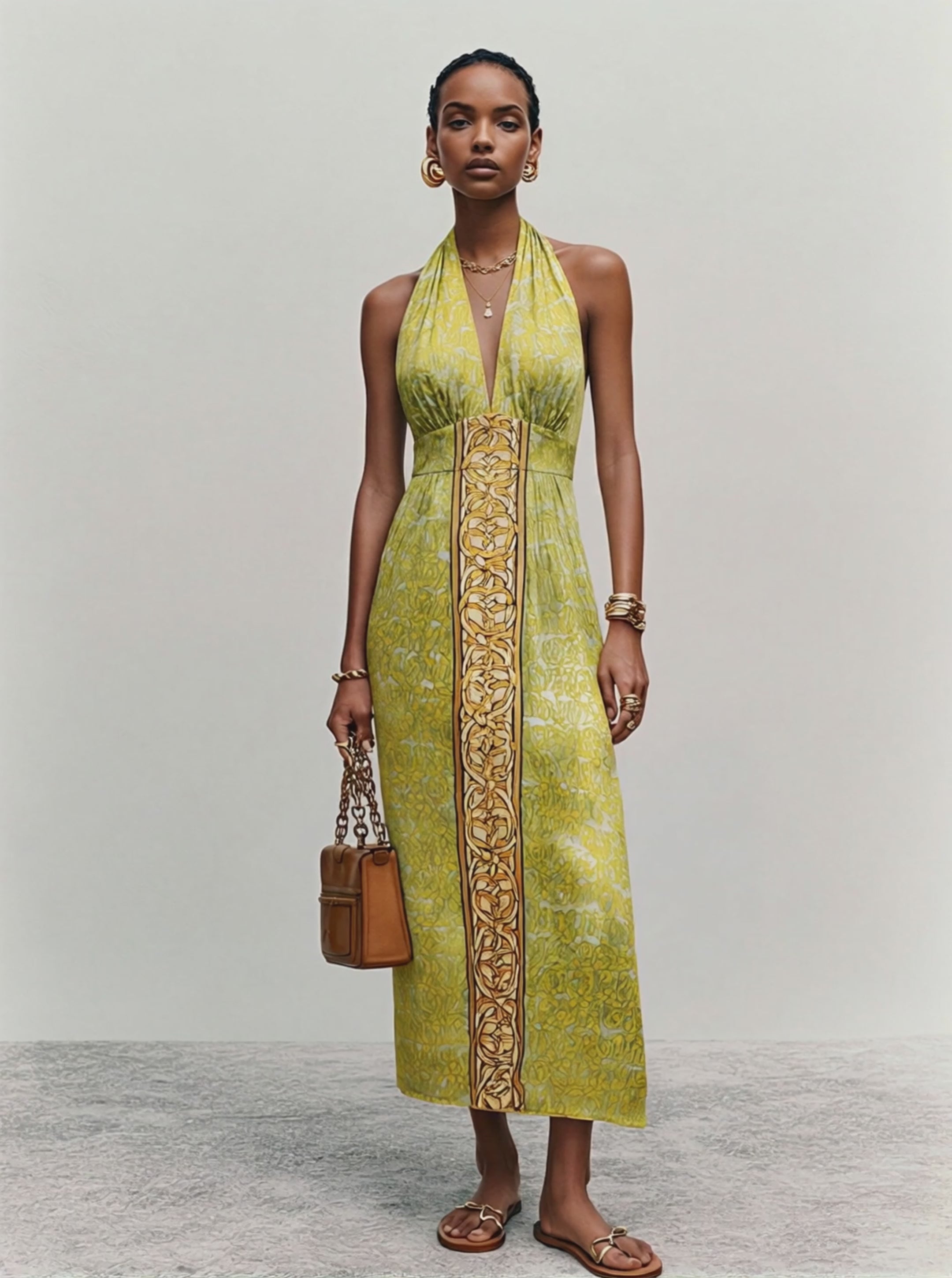Women's Retro-Style Yellow-Green Printed Satin Halter V-Neck Cinched Waist Midi Dress MDZ1934E1GMJ