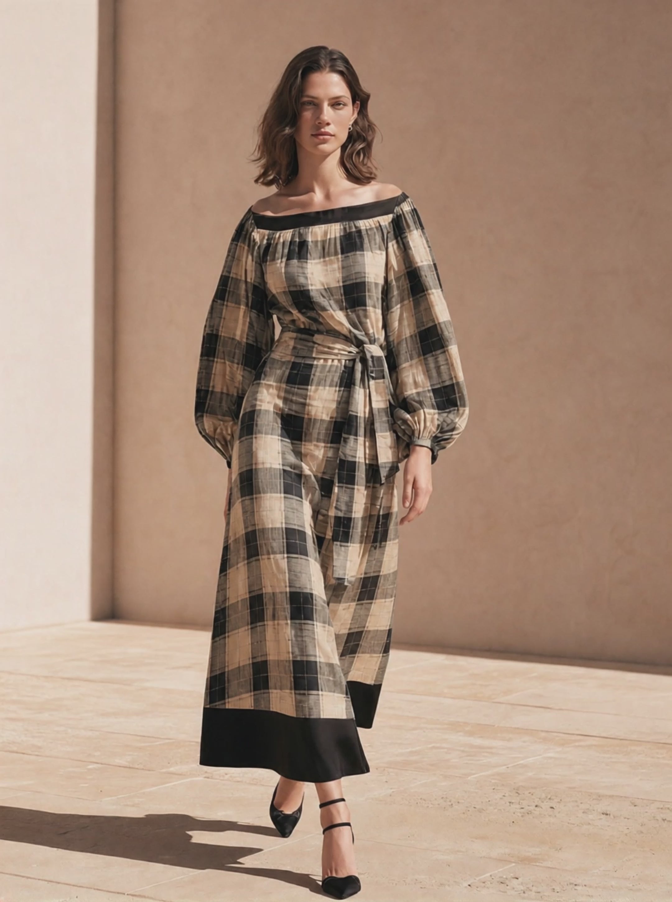 Women's Waist‑Tie Plaid Midi Dress For Weekend Getaway MDZ1957H1LYL