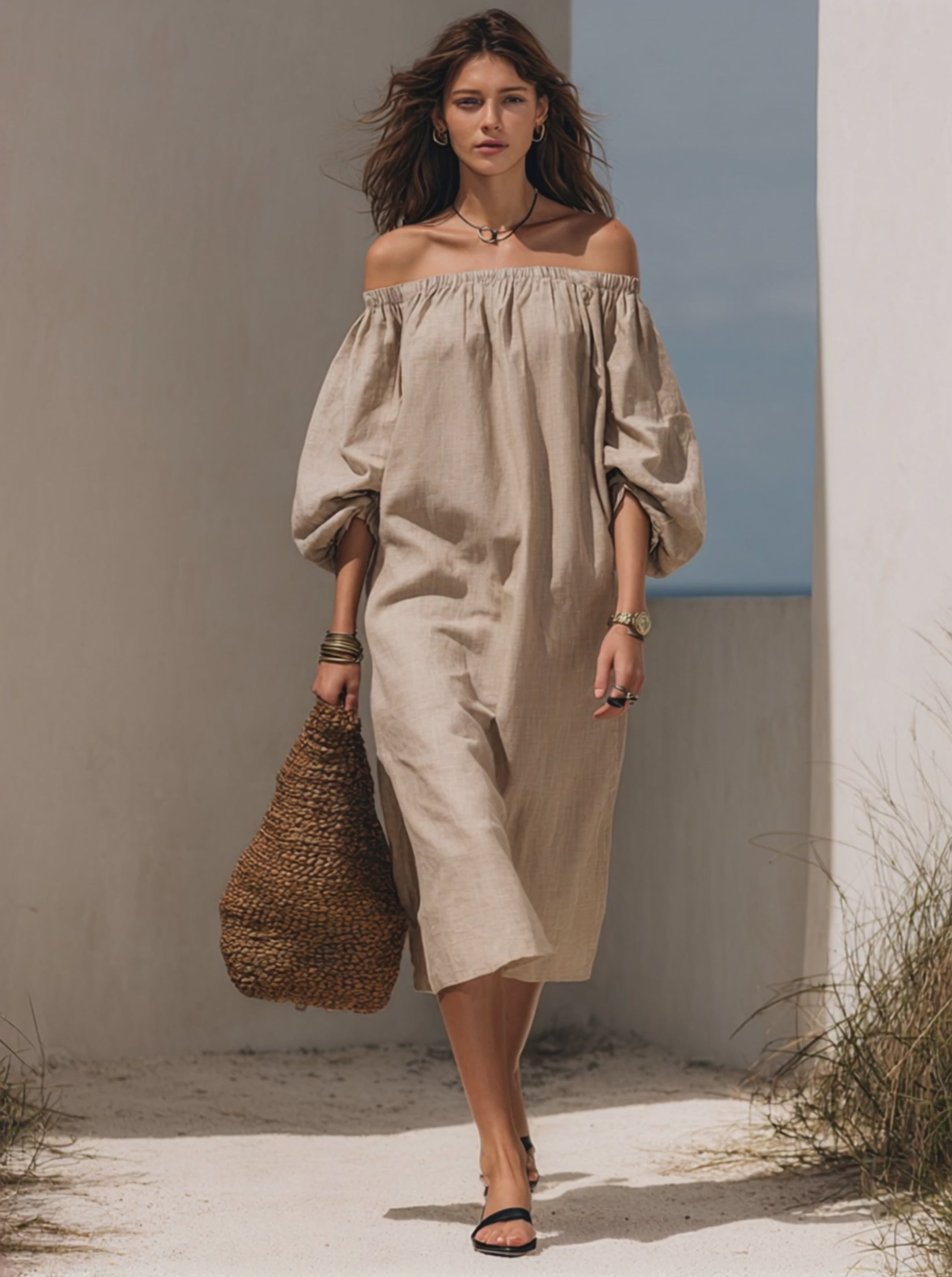 Women’s Minimalist Linen-Blend Off-Shoulder Puff Sleeve Midi Dress MDZ0256F3ZRK