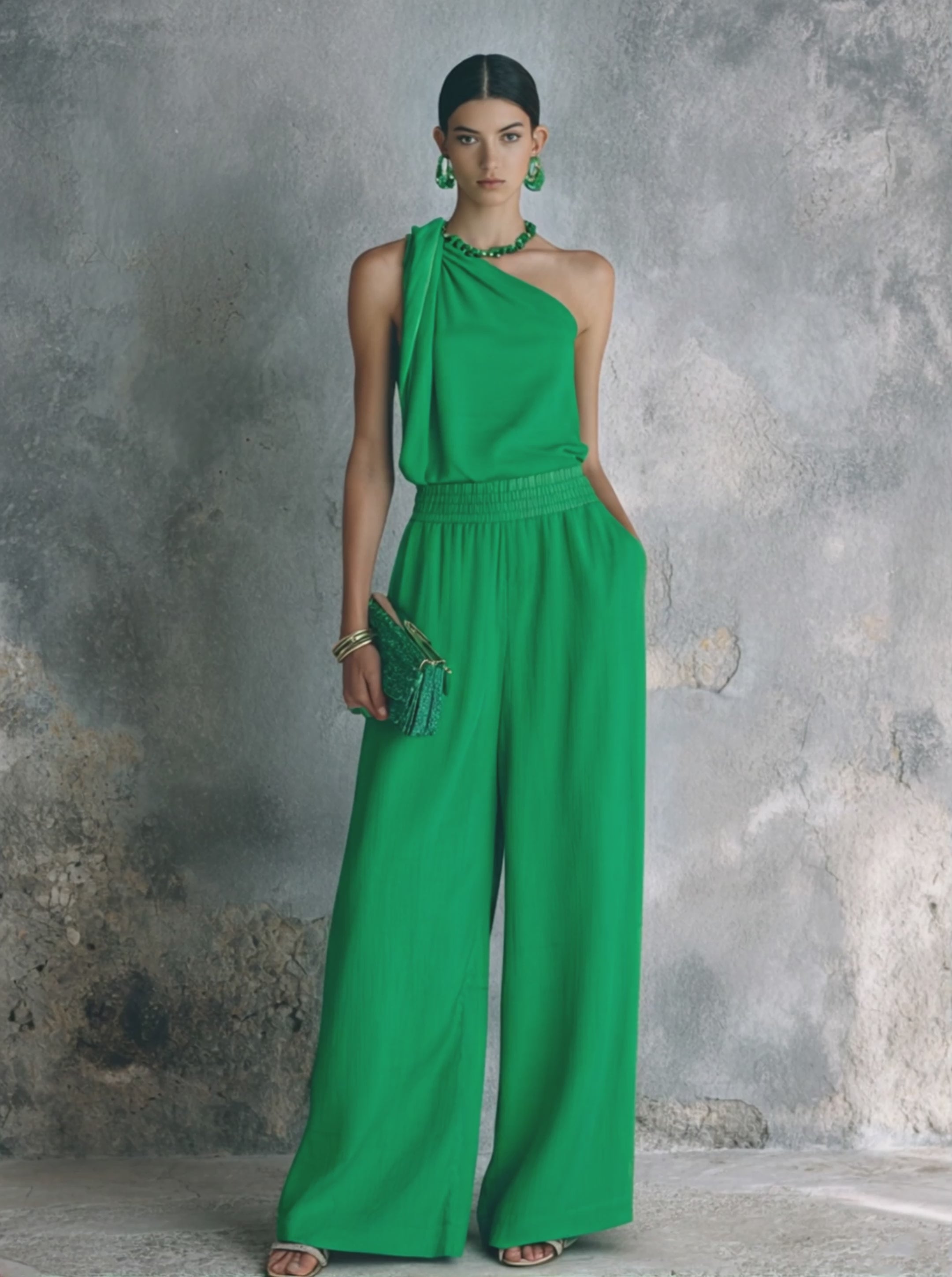 Women's Minimalist Commuter Bright Green Cotton Blend Elastic Waist Twisted One-Shoulder Wide-Leg Long Two-Piece Set MDZ2612F0GMJ