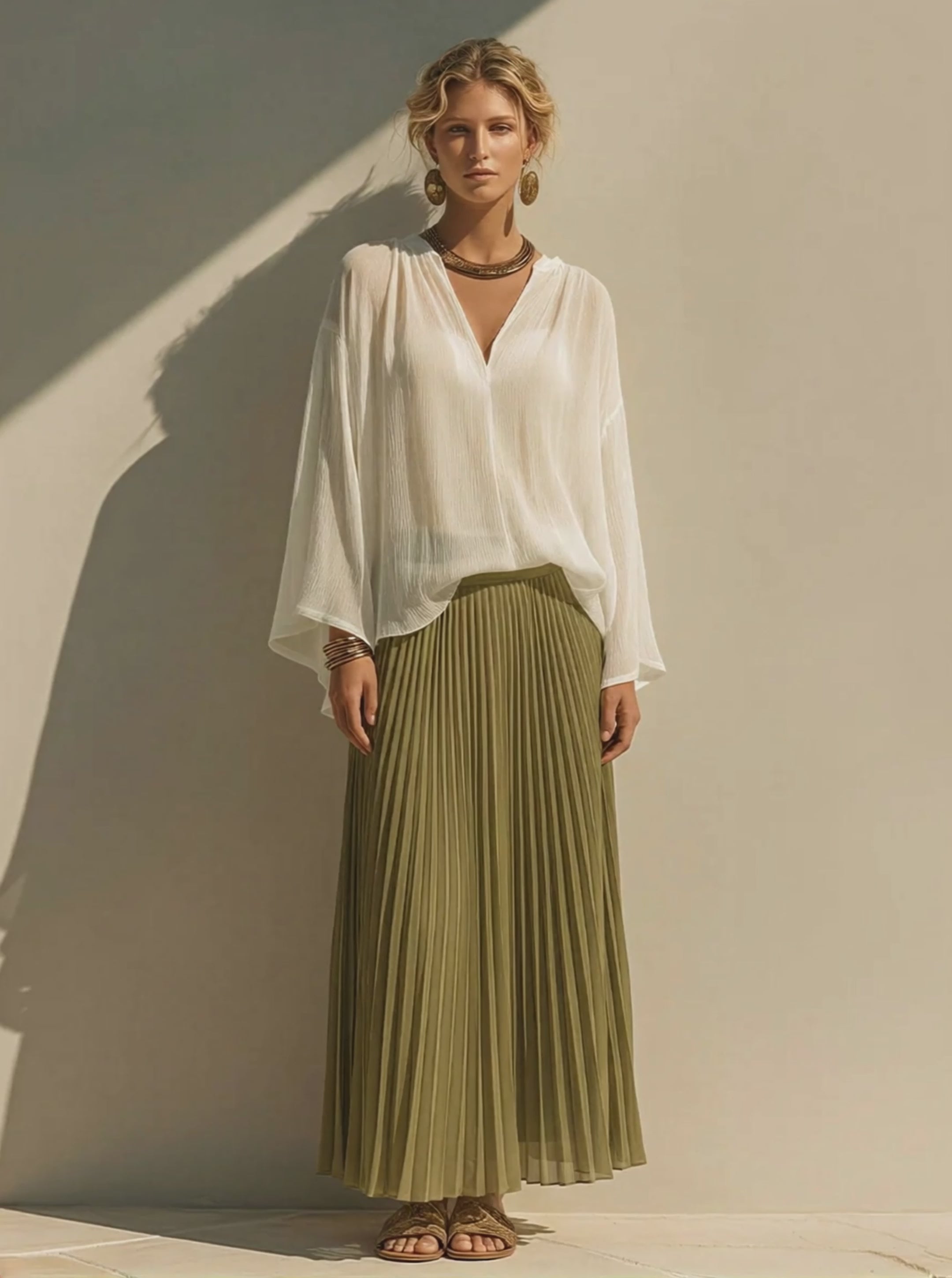 Women's White & Olive Green Chiffon Two-Piece Set With Flowy Blouse & Pleated Maxi Skirt, Timeless Bohemian Casual Outfit MDZ1884E0LYL