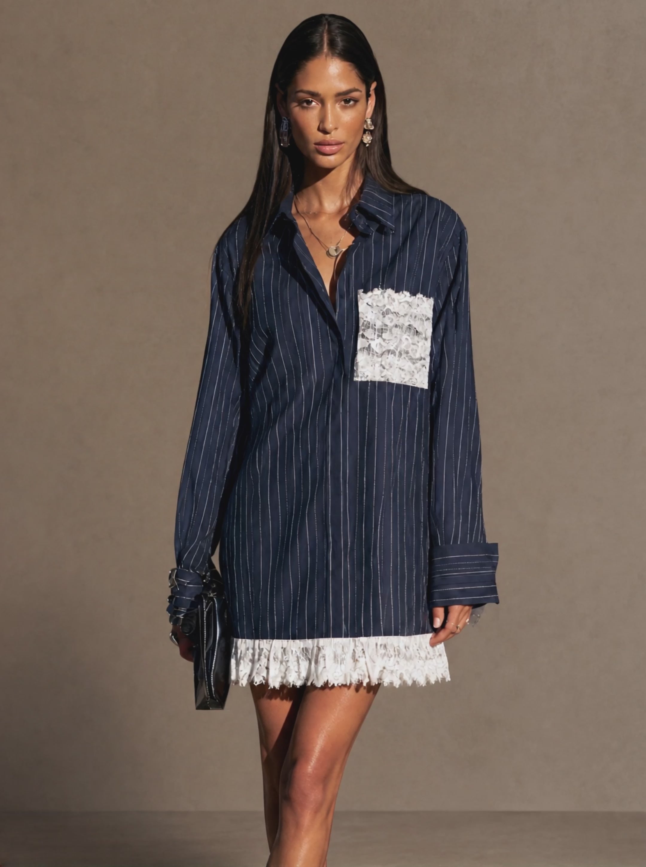 Women's Pinstriped Lace-Trimmed Casual Shirt Dress MDZ1914H8GMJ