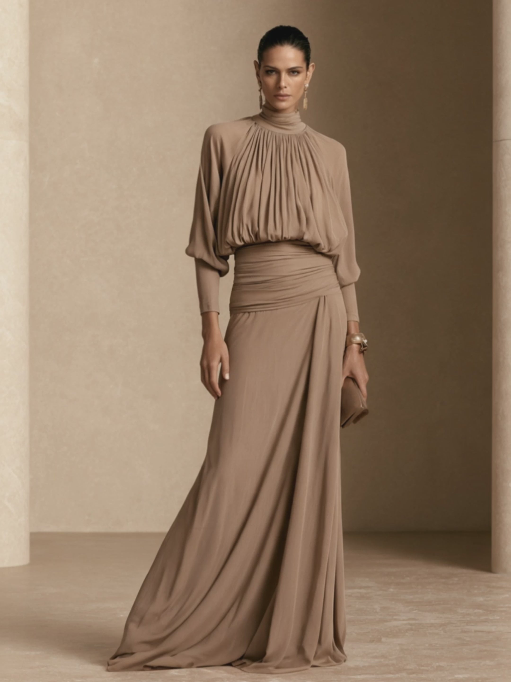 Women's Pleated Elegant High-Neck Top And Maxi Skirt Set