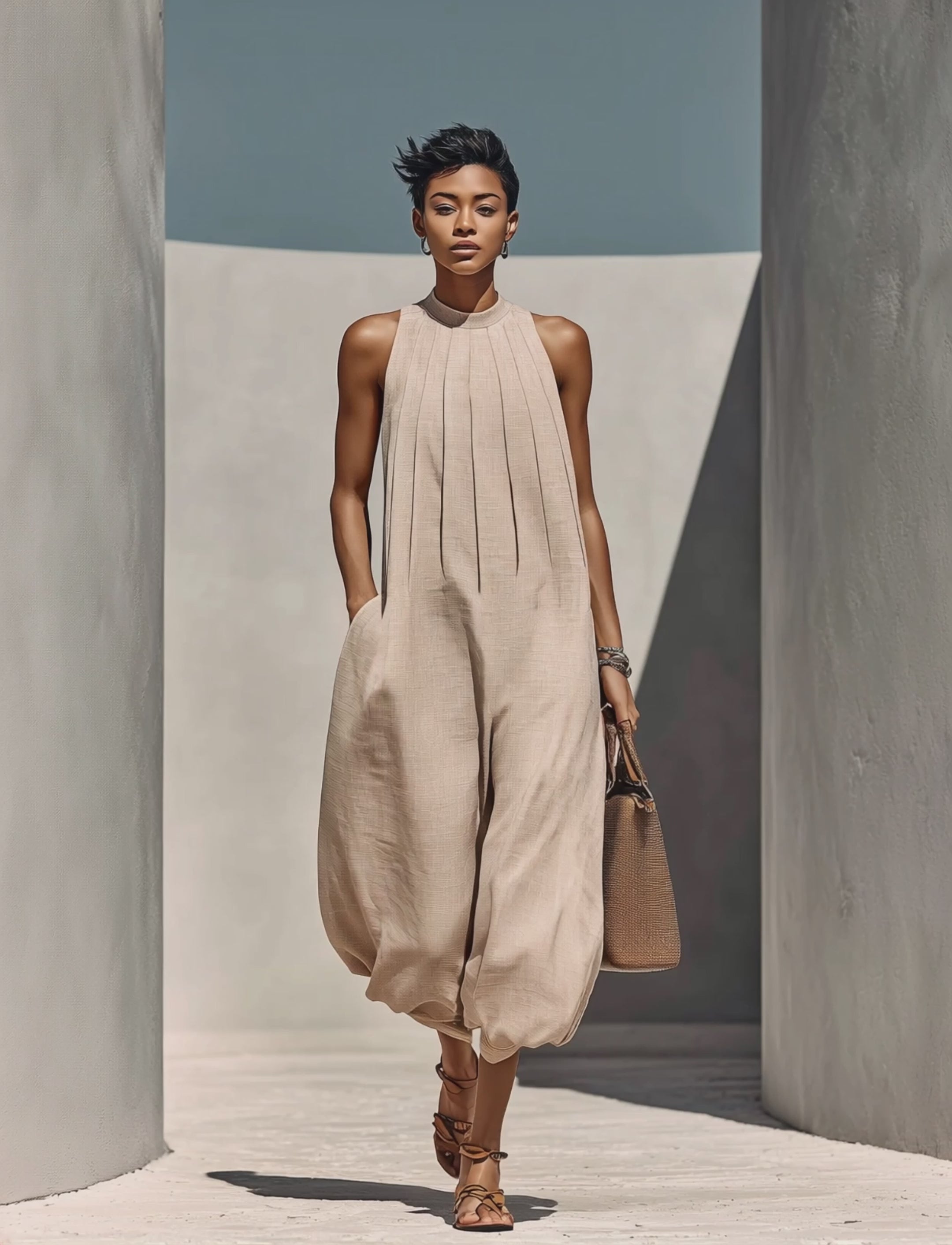 Women’s Beige Linen-Blend Sleeveless Gathered Round Neck Jumpsuit MDZ1113E2T