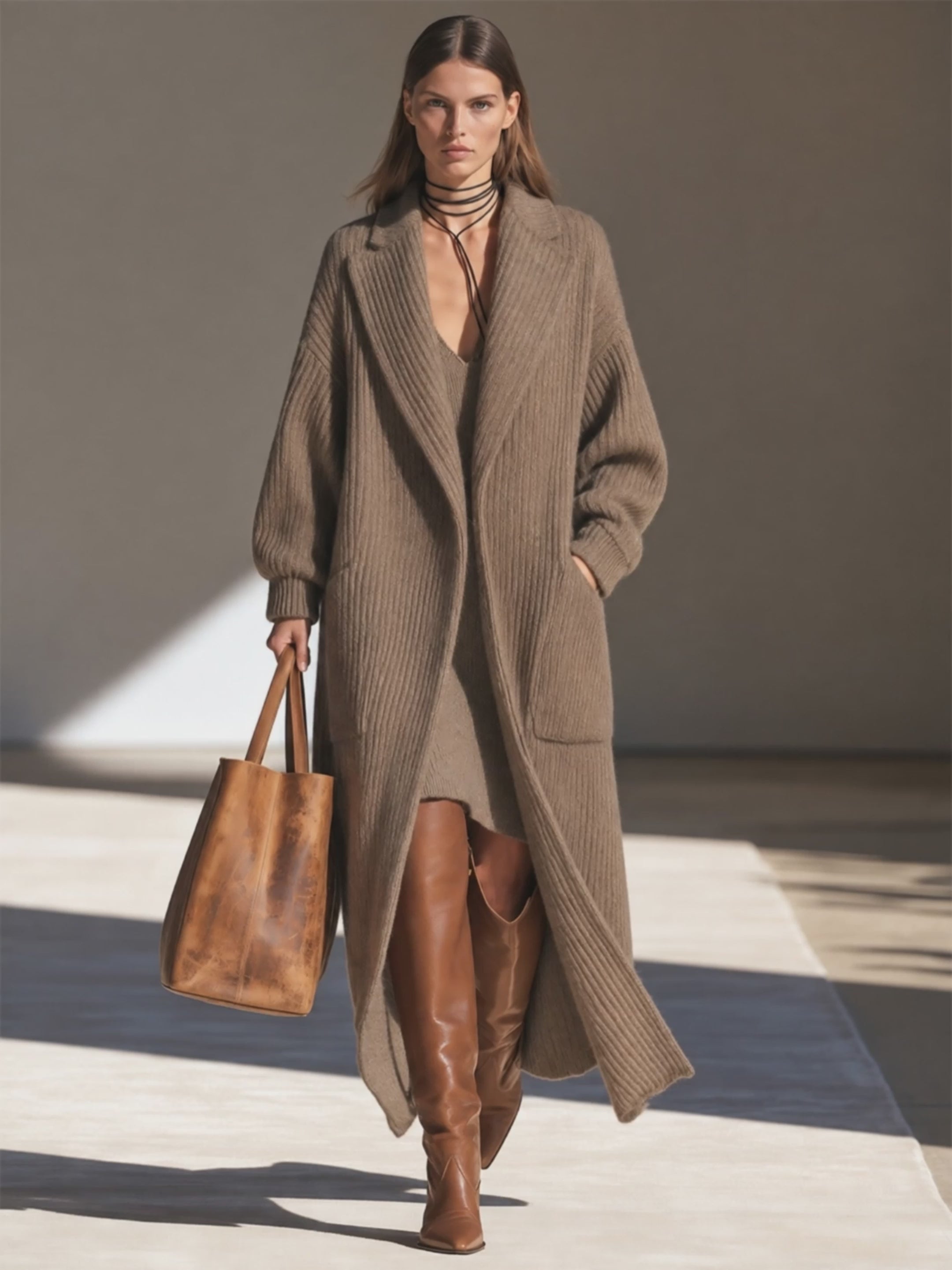 Women's Lapel Drop-Shoulder Blouson-Sleeve Chunky-Rib Open-Front Longline Wool-Knit Coat