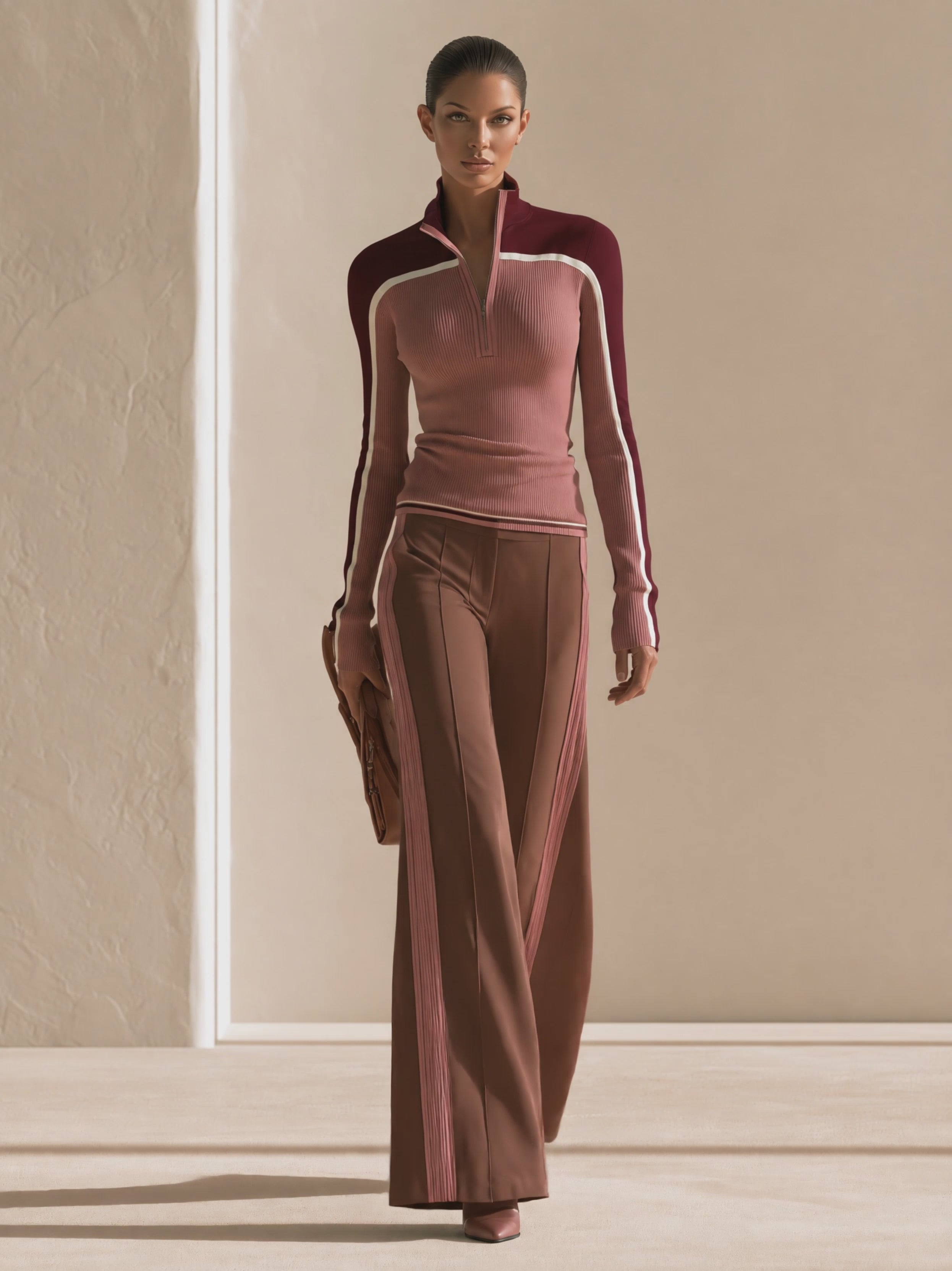 Women's Colorblock Half-Zip Ribbed Top & Wide-Leg Pants Two-Piece Set
