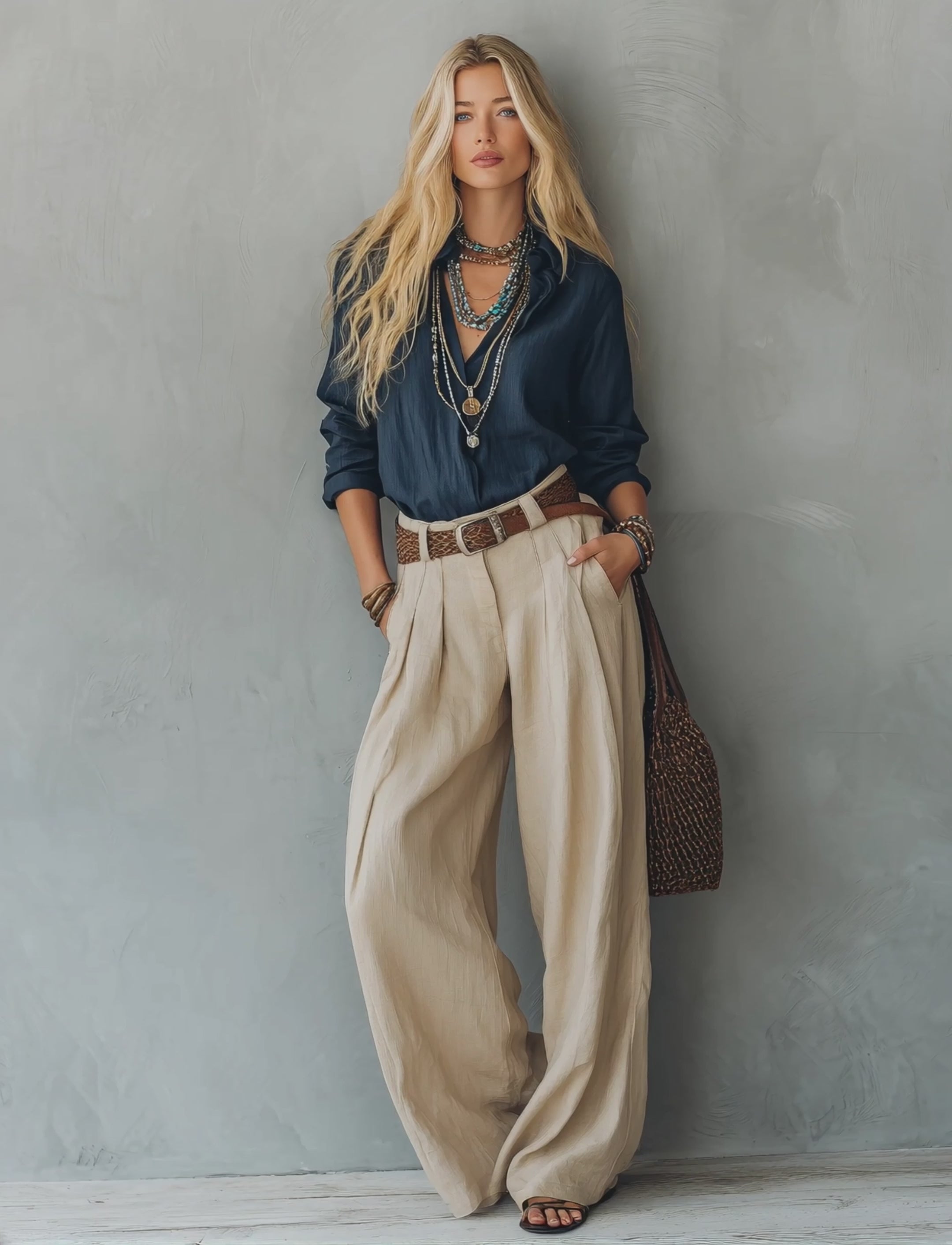 Women's Casual Navy Blue Cotton-Linen Long-Sleeve Pullover Shirt Paired With Khaki Cotton-Linen Trousers (Belt Not Included) MDZ1121E4LXY