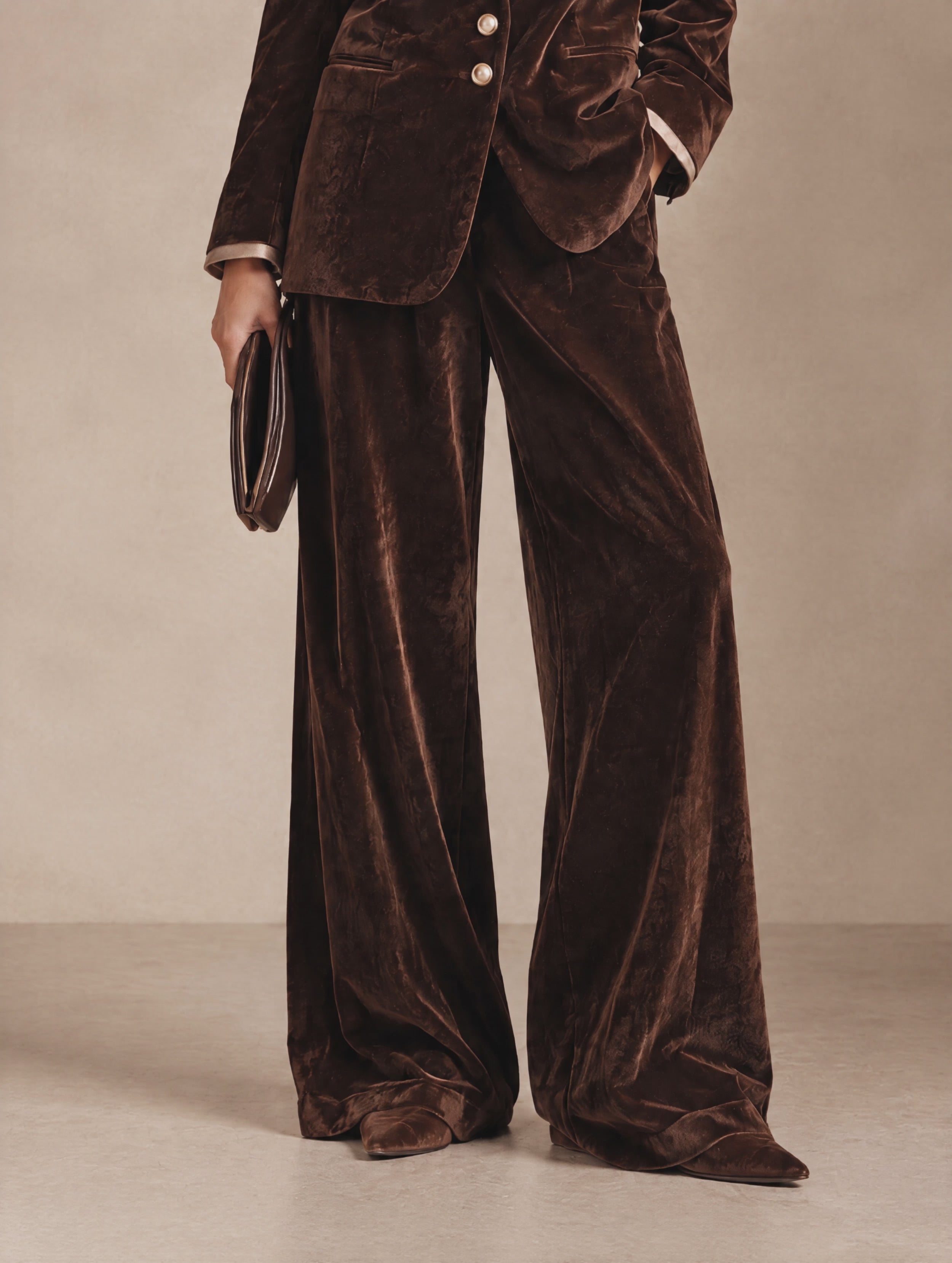 Women's High-Waisted Draped Velvet Wide-Leg Pants