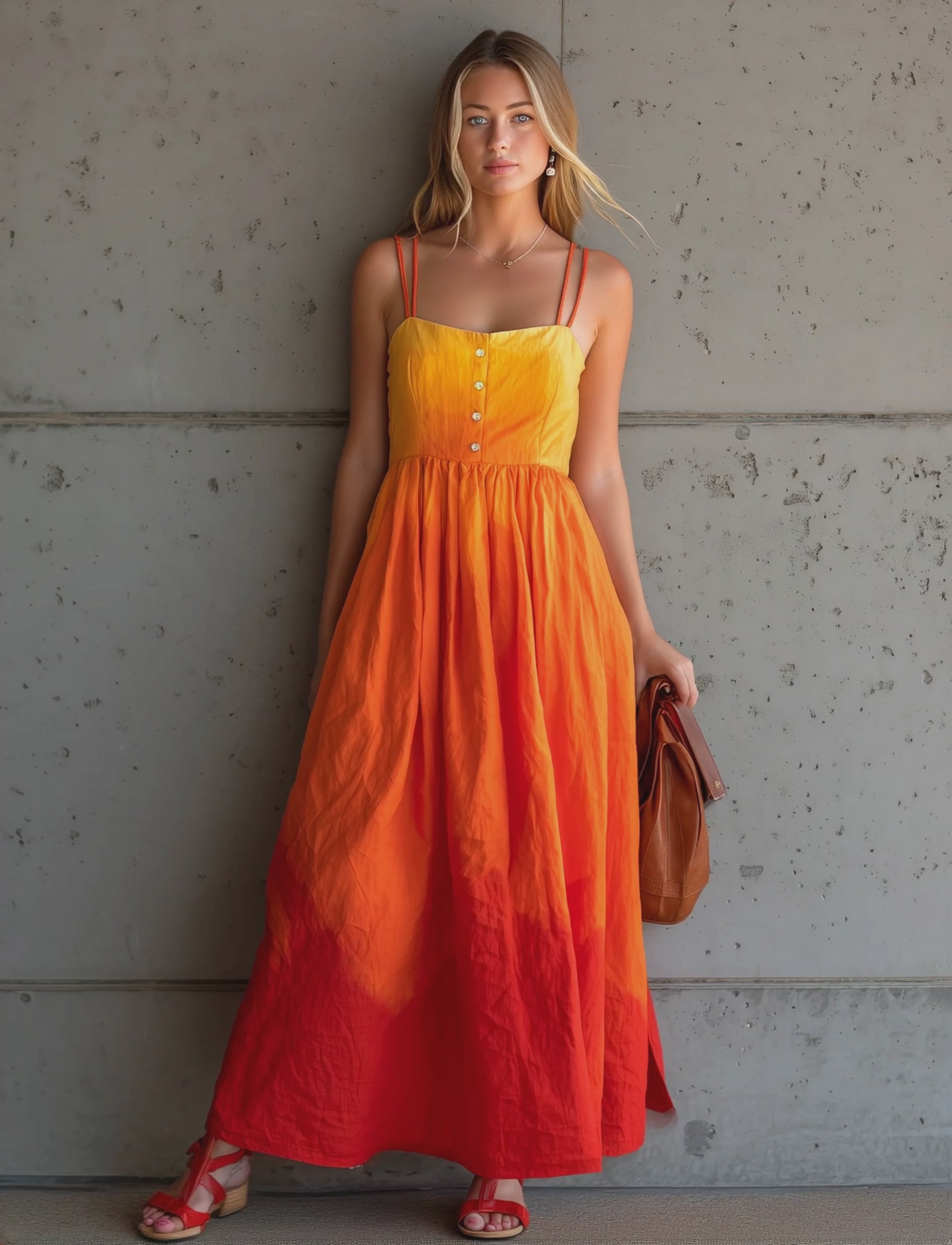 Women's Casual Orange Gradient Woven Maxi Dress — Sleeveless, Spaghetti-Strap, Loose Fit MDZ1270E0LXY