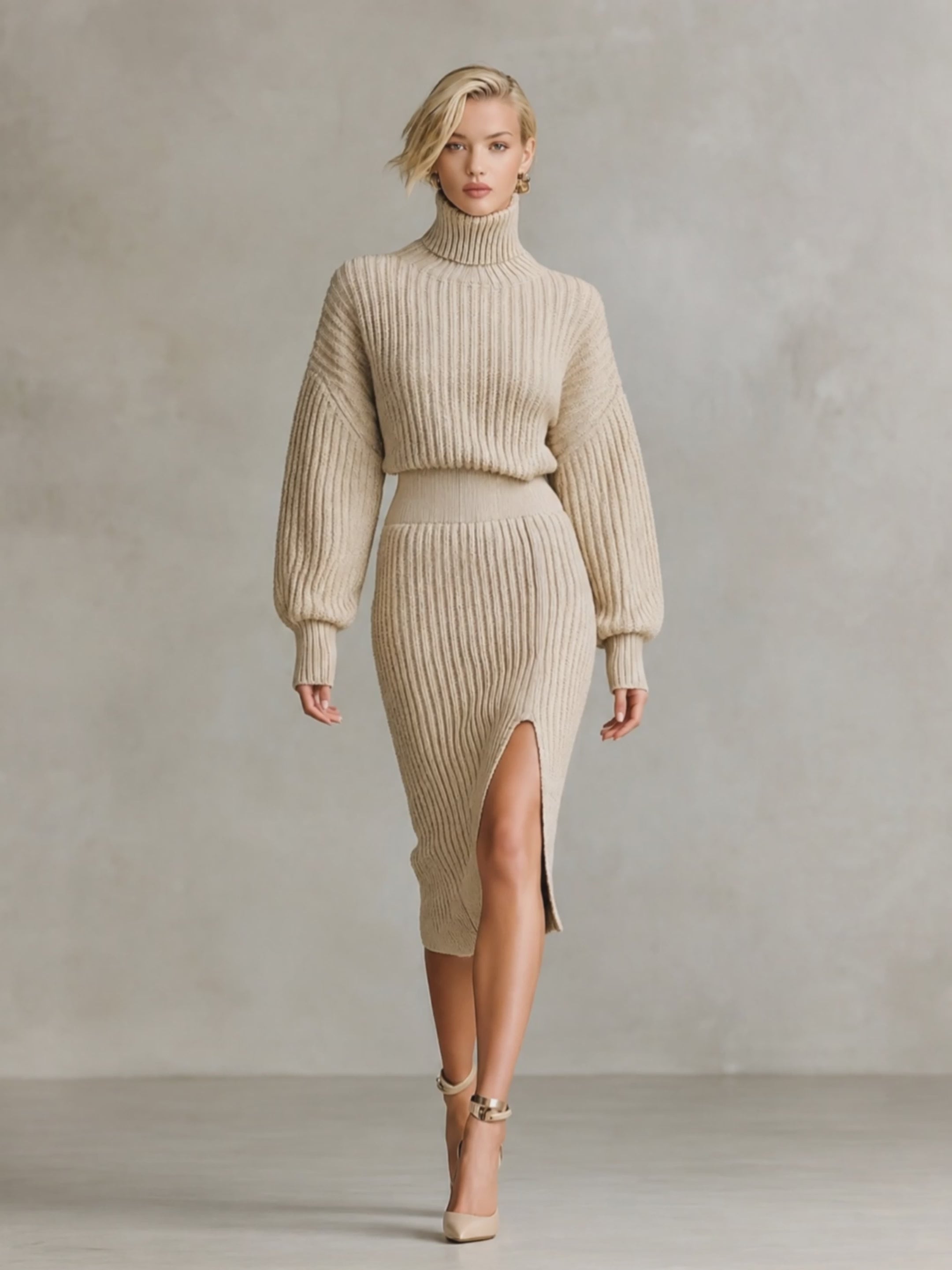 Women's Ribbed Knit Turtleneck Sweater & Split Midi Skirt Two-Piece Set