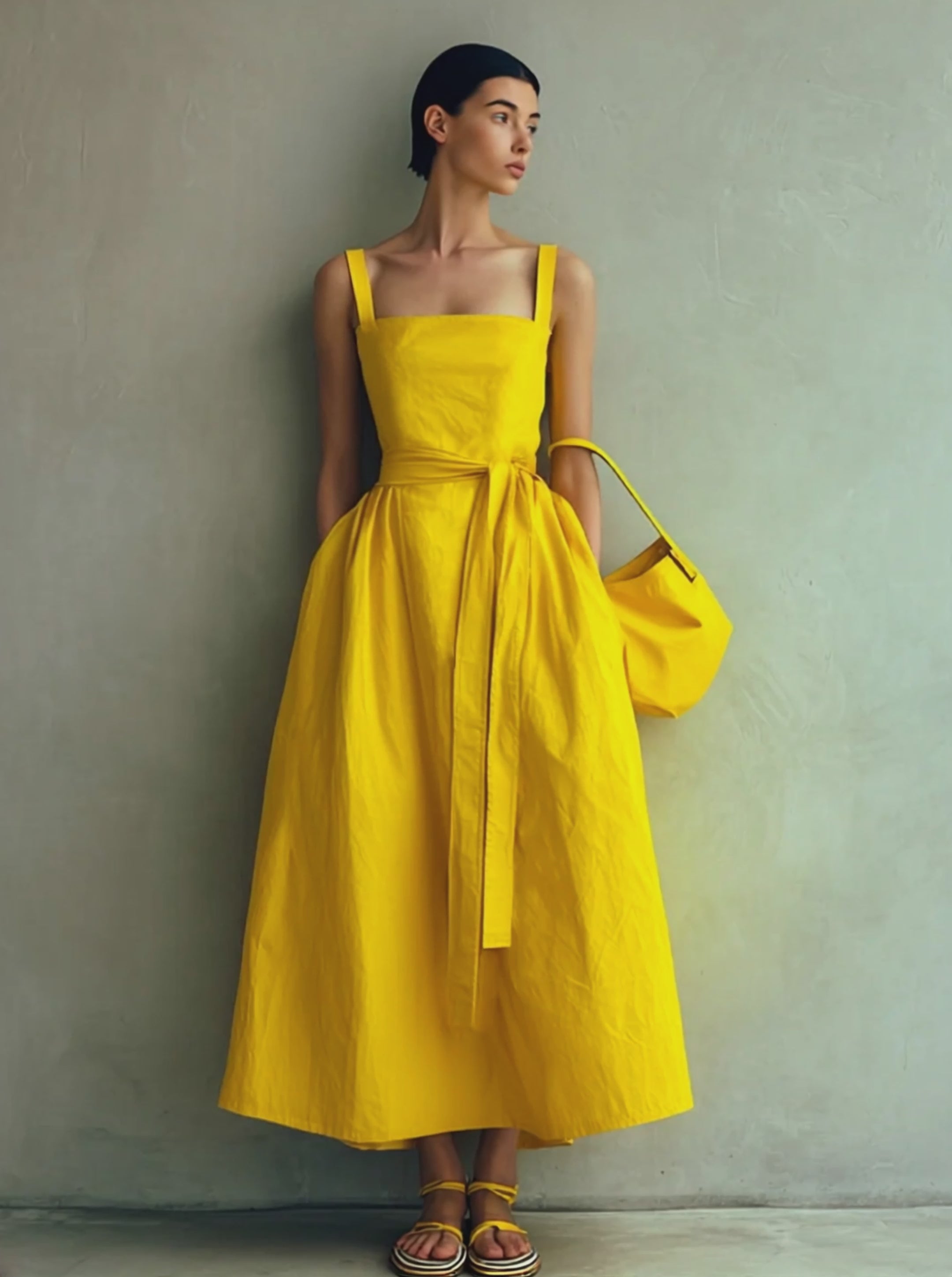 Women's Minimalist Bright Yellow Cotton Blend Square Neck Tie-Waist A-Line Cami Maxi Dress MDZ1863E8GMJ