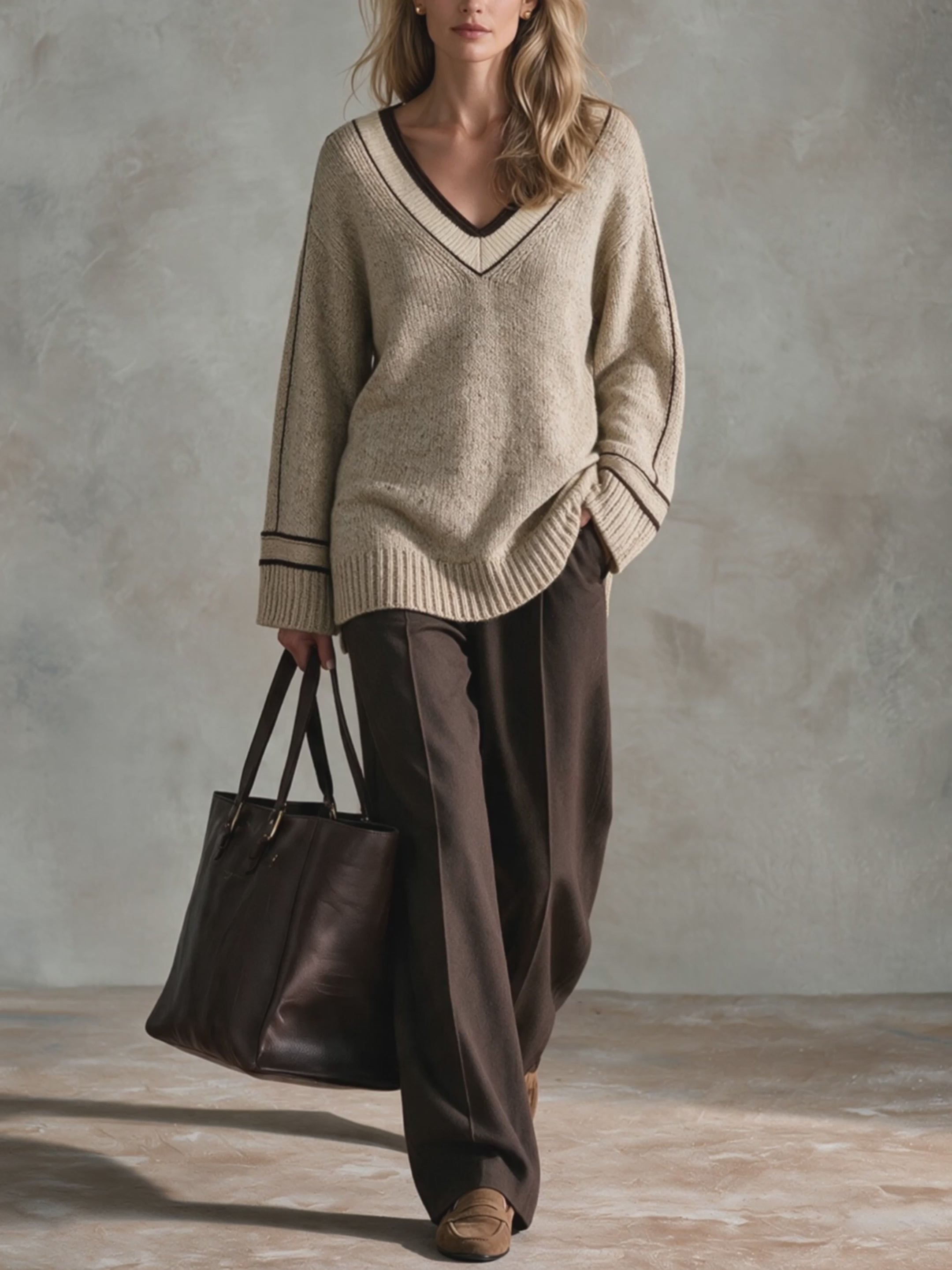Women's V-Neck Loose-Fit Knit Top With Contrast Trim