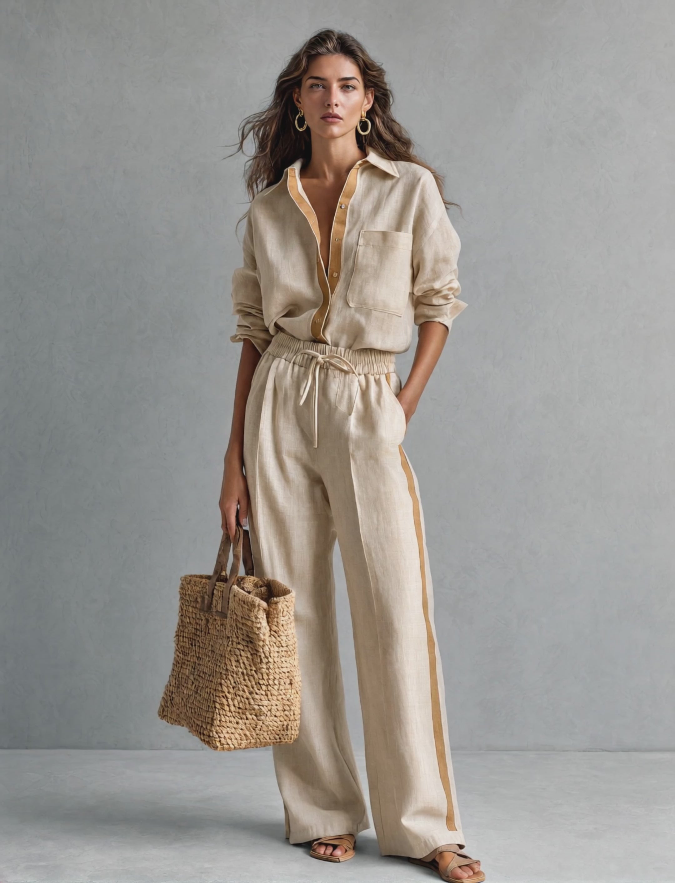 Women's Casual Khaki Cotton-Linen Shirt And Trousers Two-Piece Set MDZ2001H5LXY