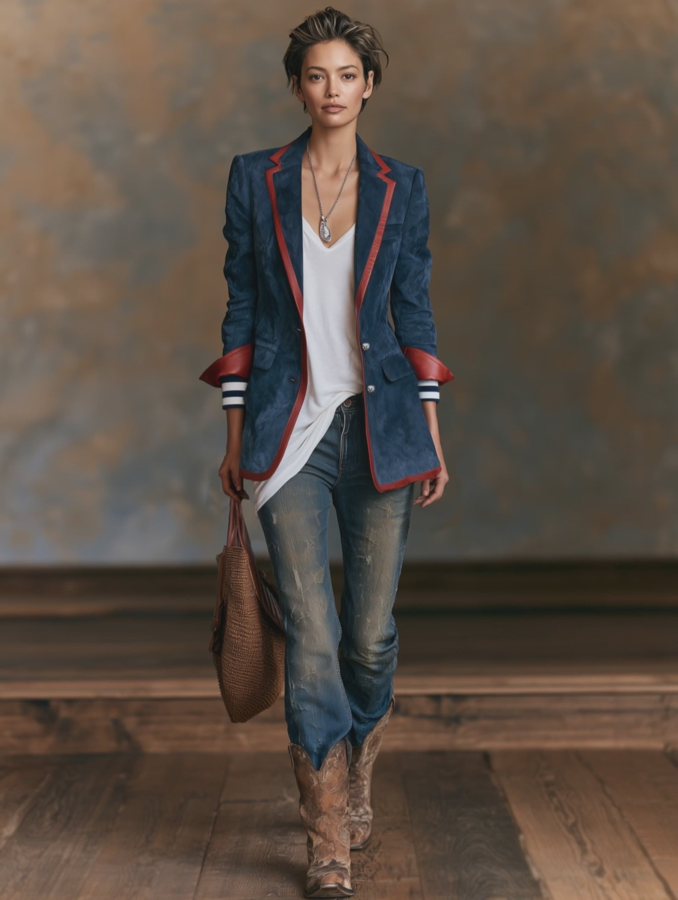 Women's Vintage-style Faux Suede Blazer With Red Leather Trim MDZ2570H7WY