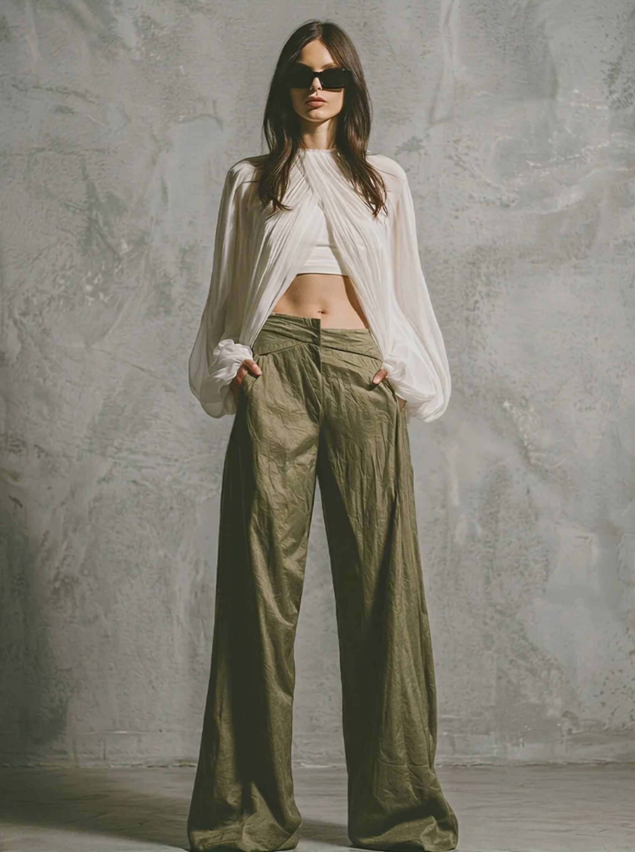 Women's White Chiffon & Olive Green Two-Piece Set With Draped Blouse & Wide Leg Pants, Timeless Minimalist Casual Outfit MDZ1869E5LYL