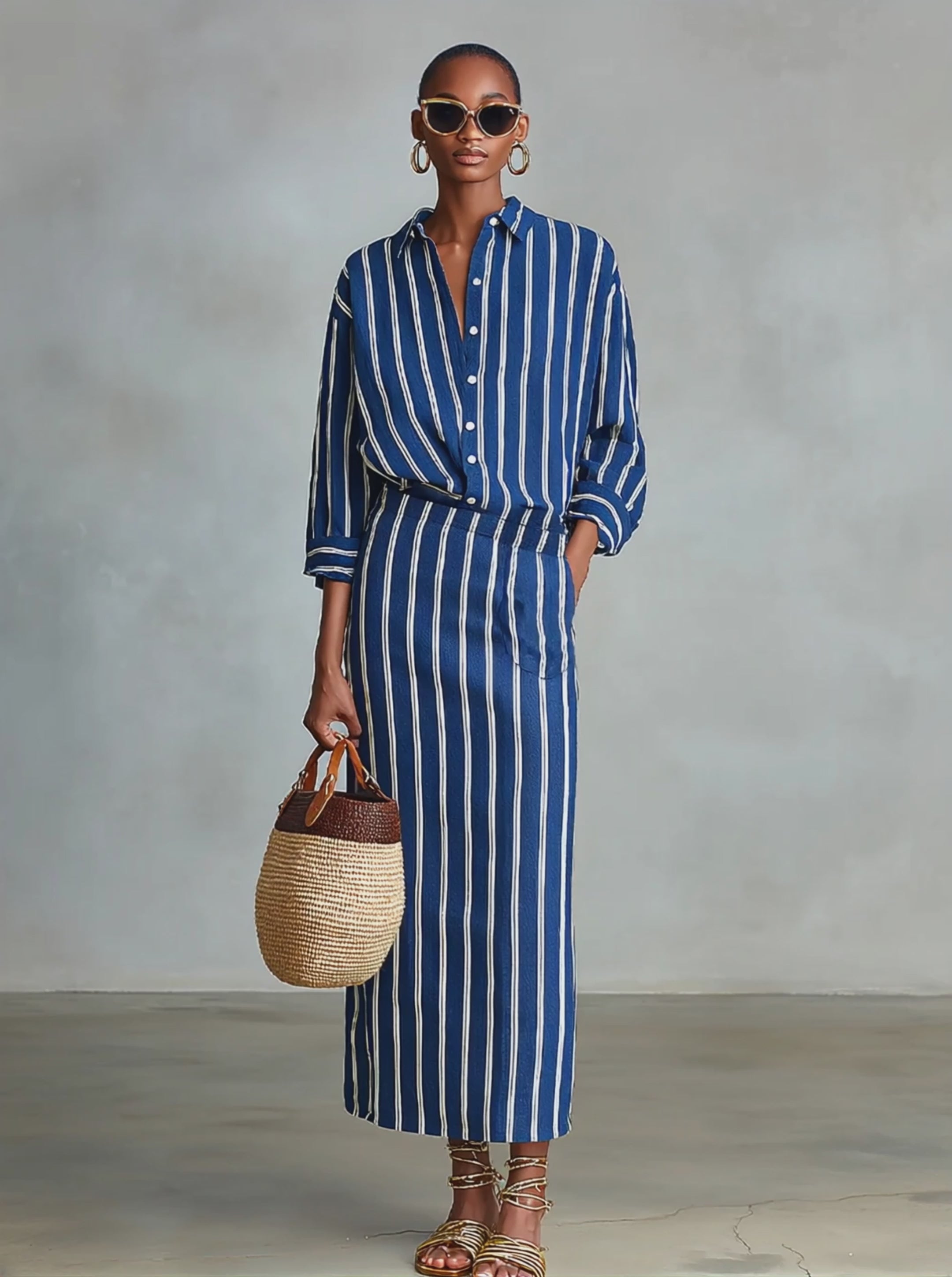 Women's Royal Blue White Stripe Cotton-Blend Co-Ord With Button Front Blouse & Elastic Waist Straight Maxi Skirt, Effortless-Chic Summer Daily Outfit MDZ2304F8LYL