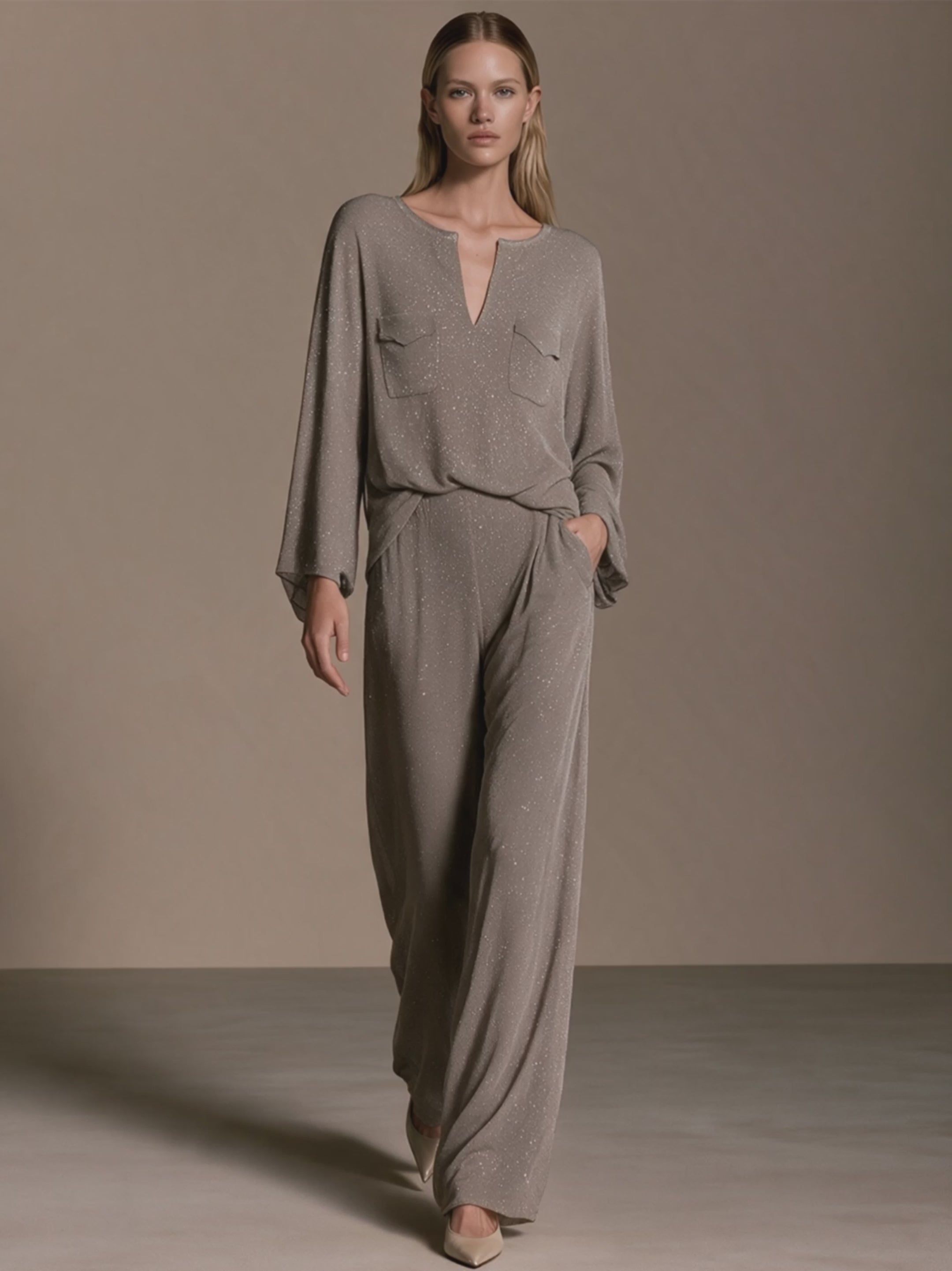 Women's Taupe Shimmer Split-Neck Long Sleeve Top & Wide-Leg Pants Set