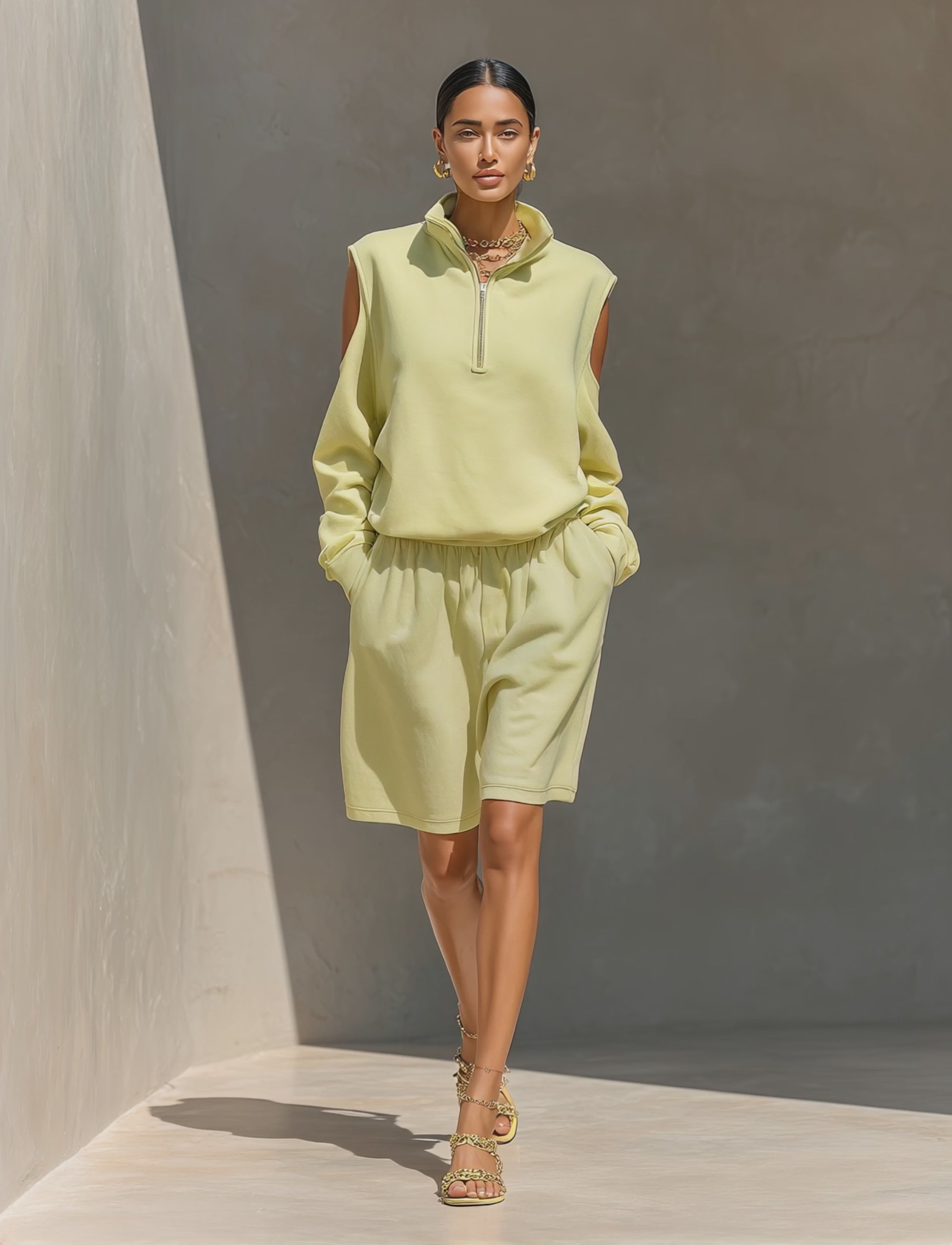 Women’s Lime Green Cold-Shoulder Half-Zip Sweatshirt & Shorts Two-Piece Set MDZ1928E8T