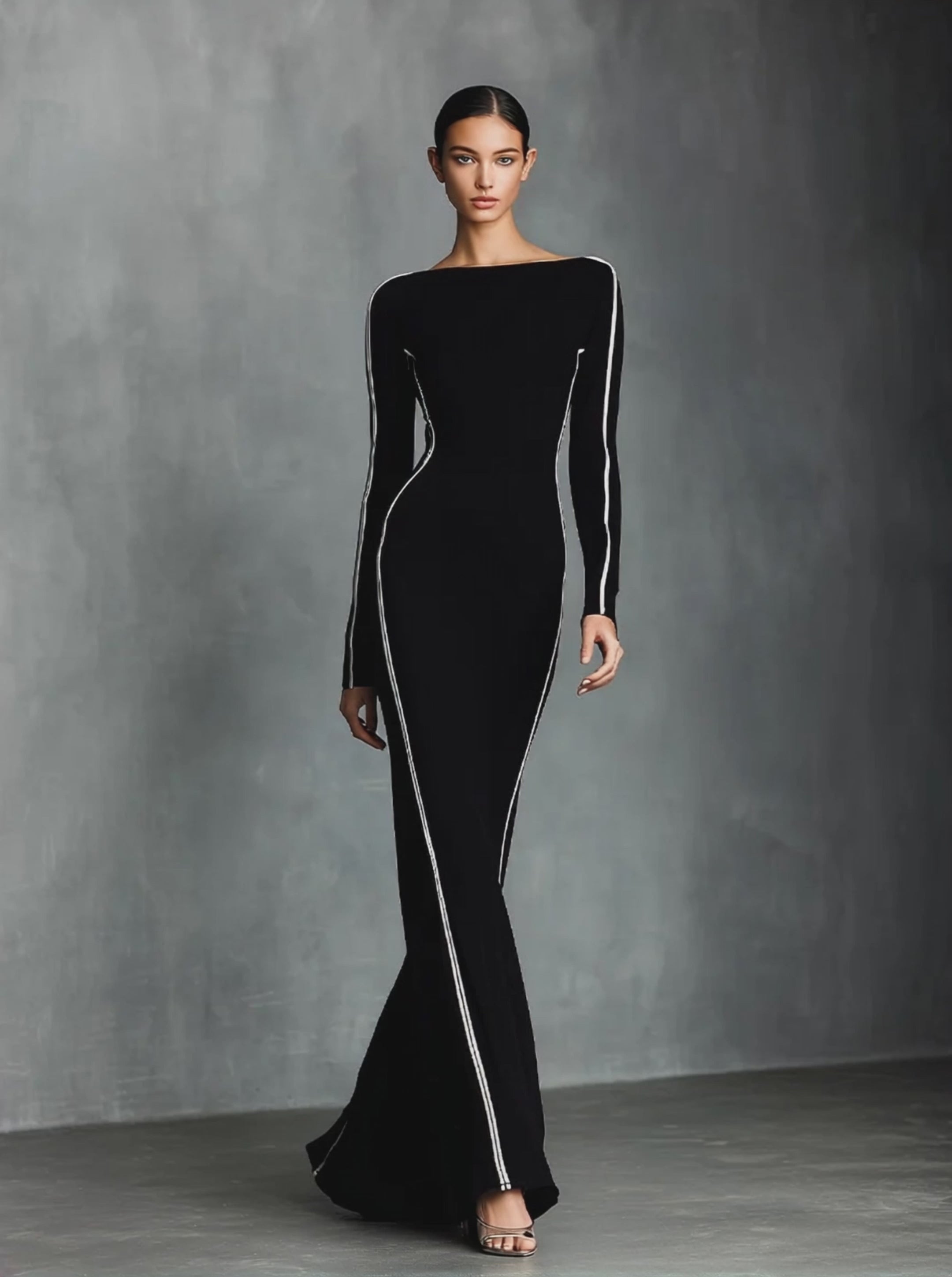 Women's Black Elegant Stretch - Knit Contrast - Piped Maxi Dress MDA2887H0I