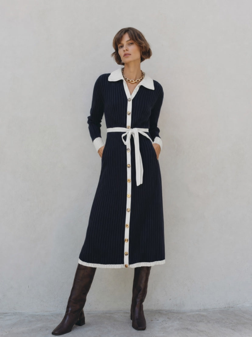 Women's Long Sleeve Contrast Trim Button Navy Sweater Dress MDZ1266H0YZJ