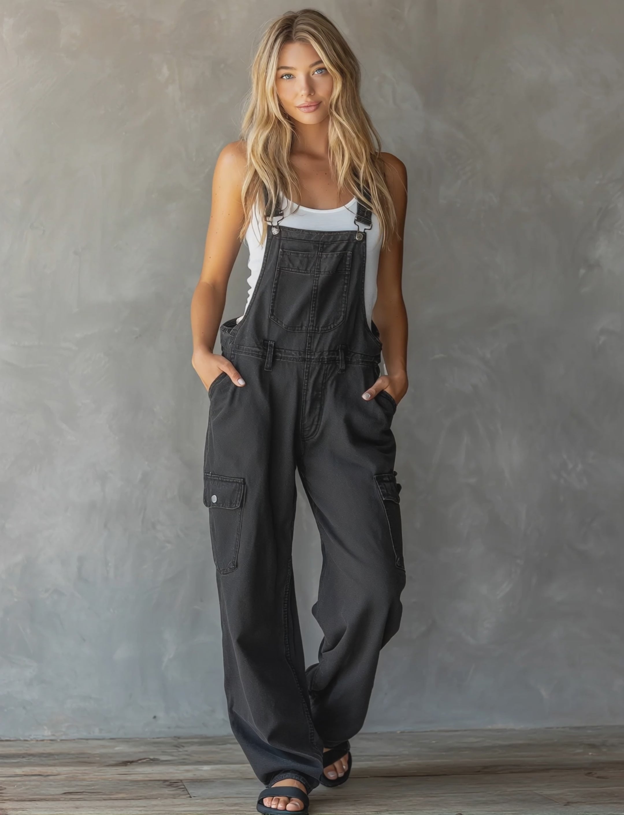Women's Casual Black Denim Jumpsuit With Suspenders MDZ1920E0LXY