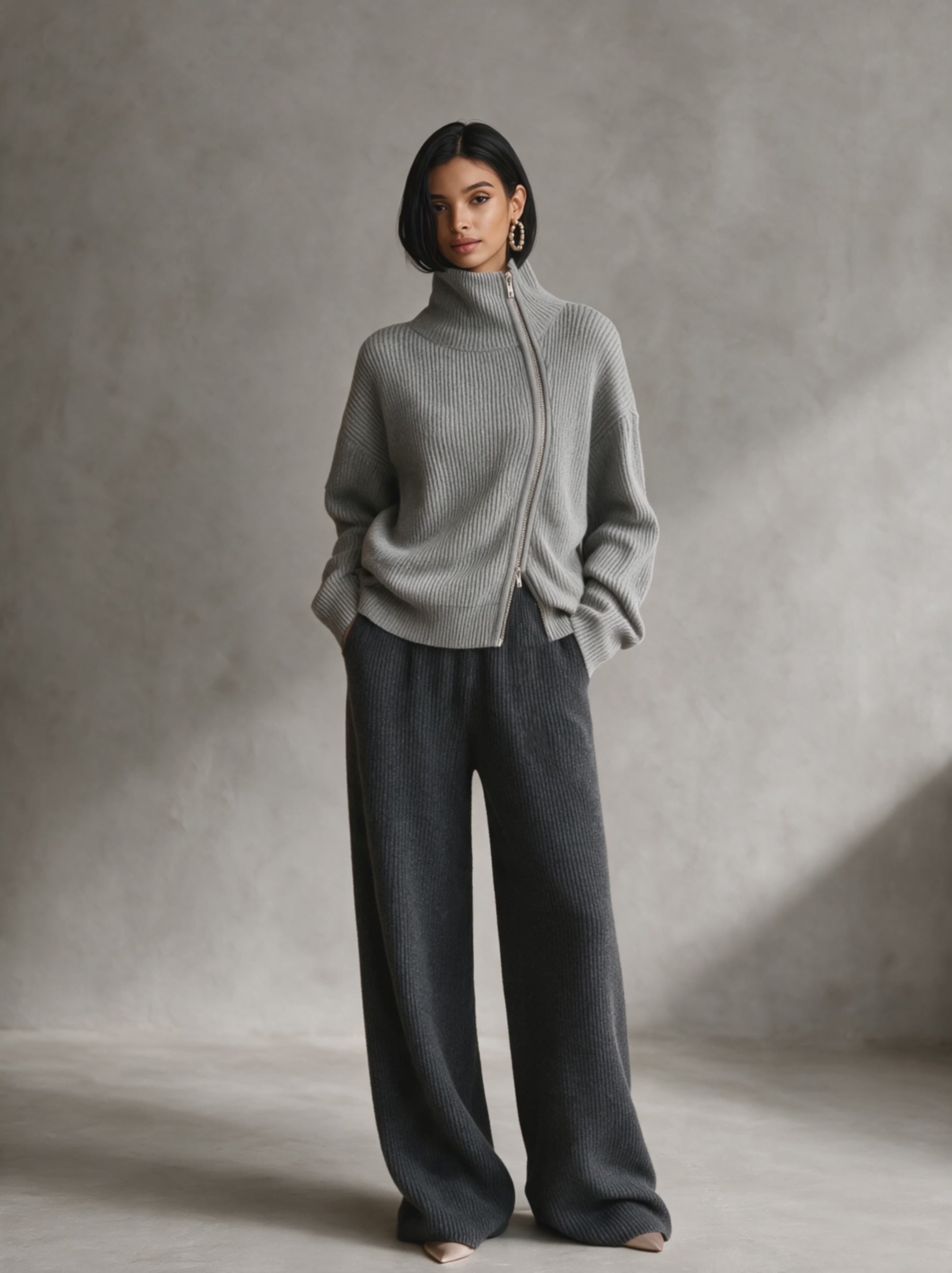 Women's Grey Diagonal‑Zip Funnel Neck Knit Sweater MDZ0365I7R