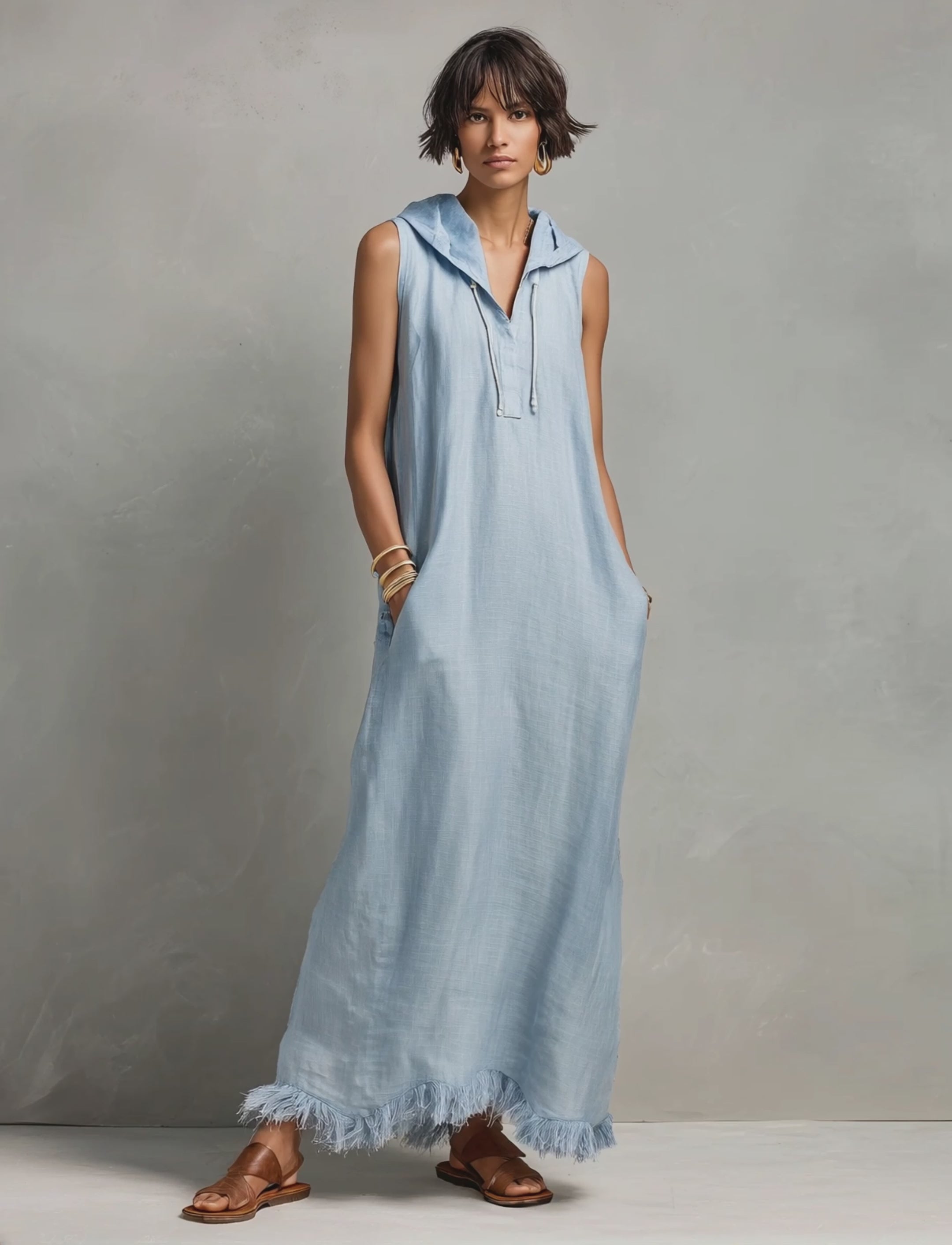 Women's Minimalist Linen-Blend Hooded Sleeveless Maxi Dress With Fringed Hem MDZ1213E7Y