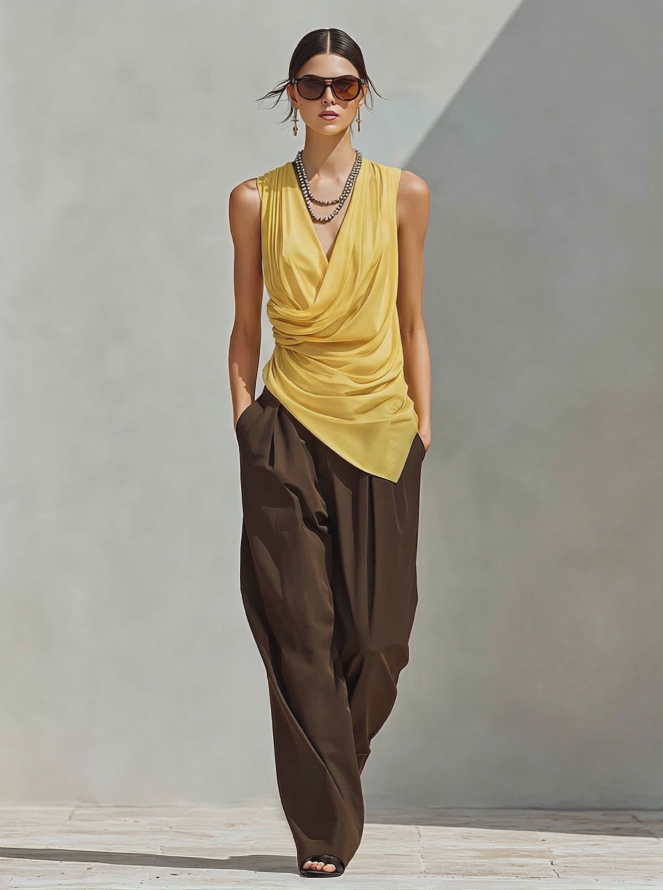 Women's Color-Block Co-Ord With Asymmetric Wrap Top & High-Waisted Pleated Pants, Modern Effortless-Chic Everyday Outfit MDZ0132F0LYL