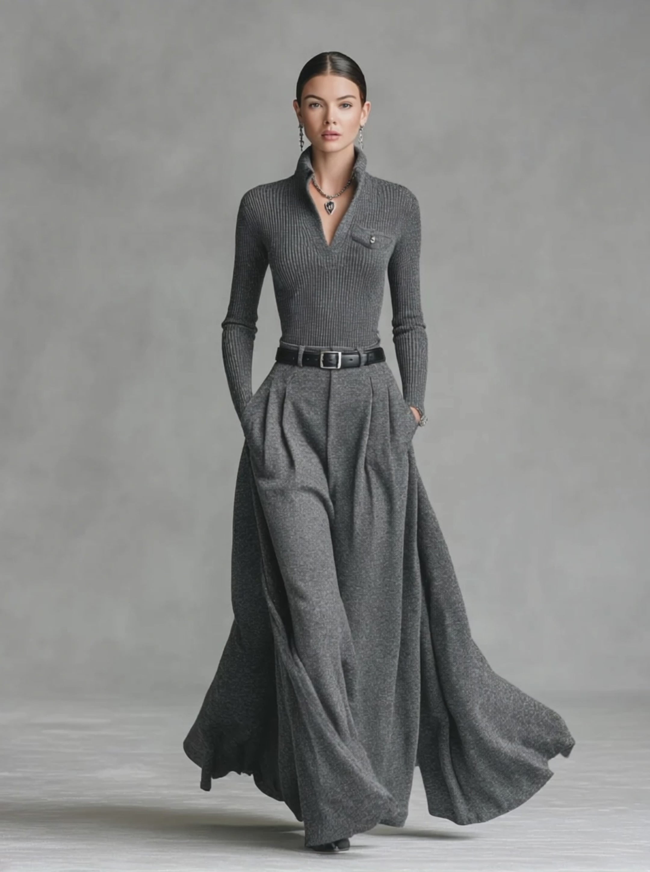 Women's Fashion Tight Knit Top Woolen Skirt Set（Without Belt)MDA0710H9Y