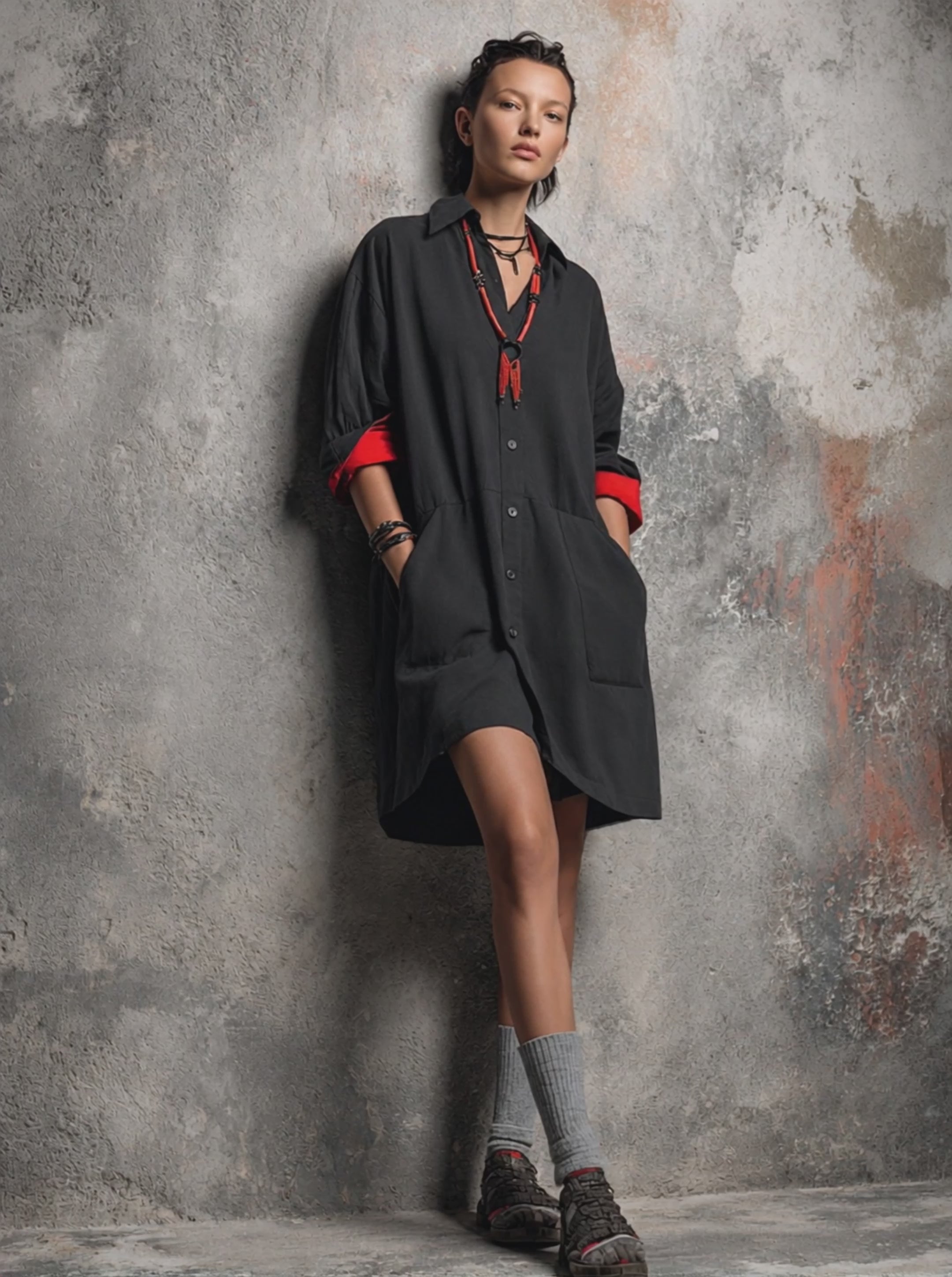 Women's Casual Black Cotton Blend Color-Block Cuff Collared Button-Front Shirt Mini Dress MDZ2537E5GMJ