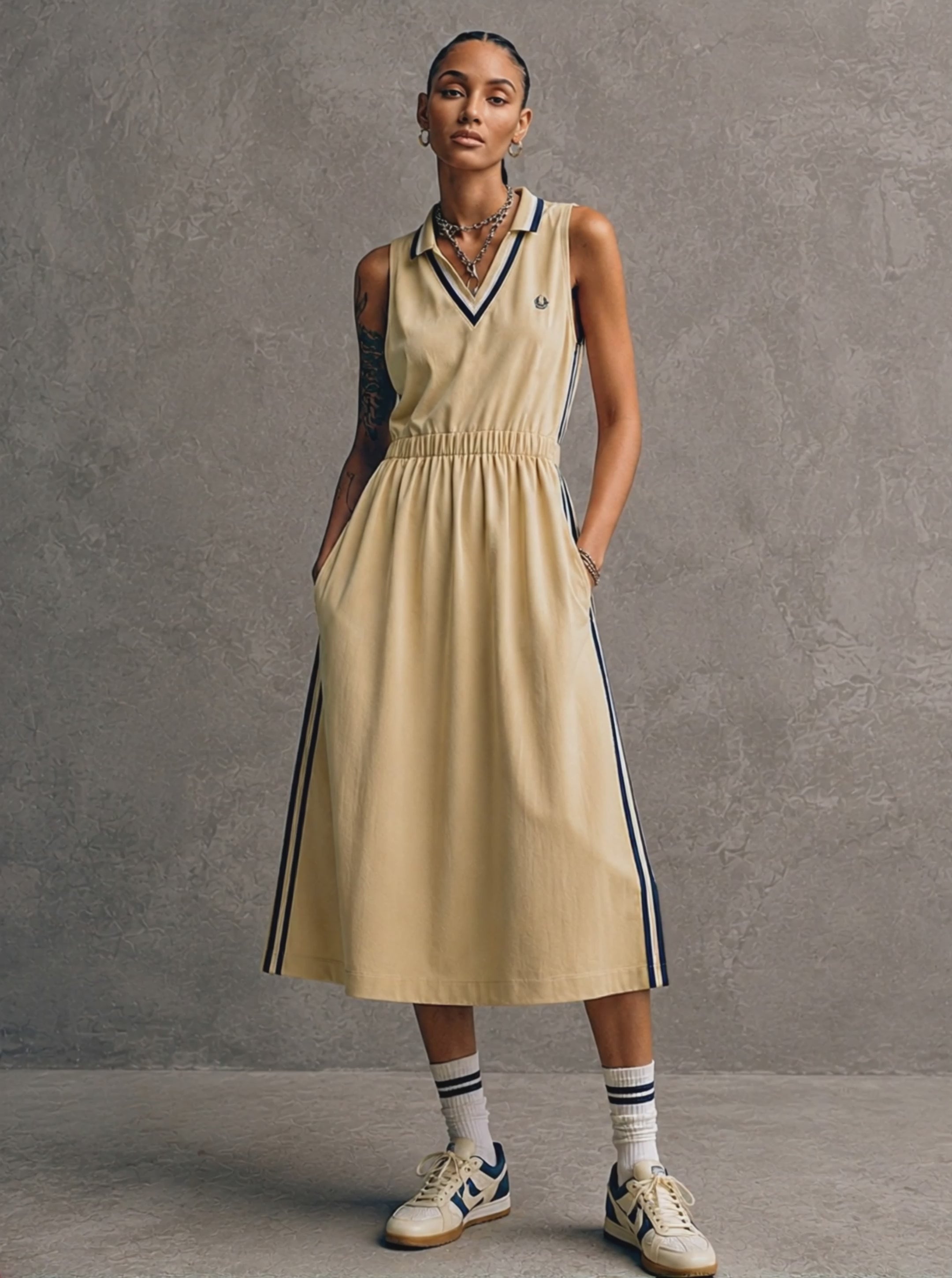 Women's Sporty Yellow Cotton Blend V-Neck Sleeveless Waisted Striped Trim Midi Dress MDZ0163F2GMJ
