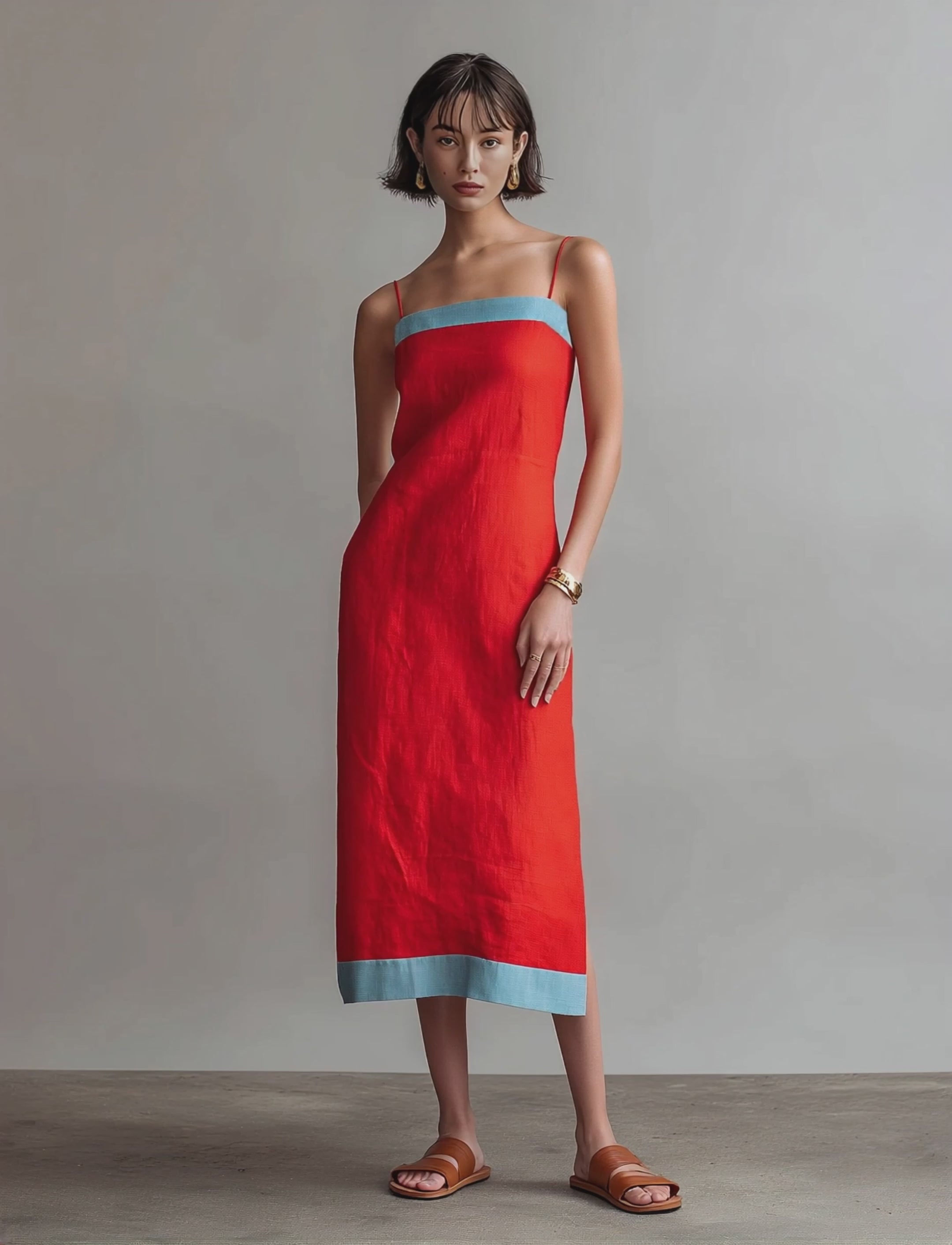 Women's Minimalist Linen-Blend Midi Dress With Contrast Straps And Side Slit MDZ1586E8Y